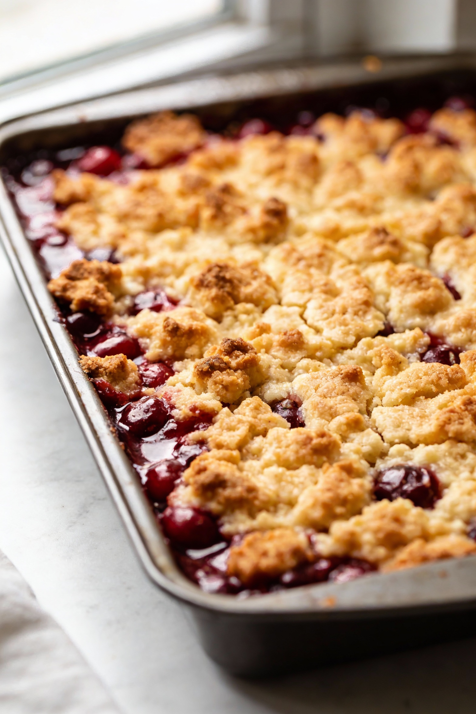Close-up detail of cherry dump cake just out of the oven in a 9x13 baking dish, deeply golden buttery top with crackly c