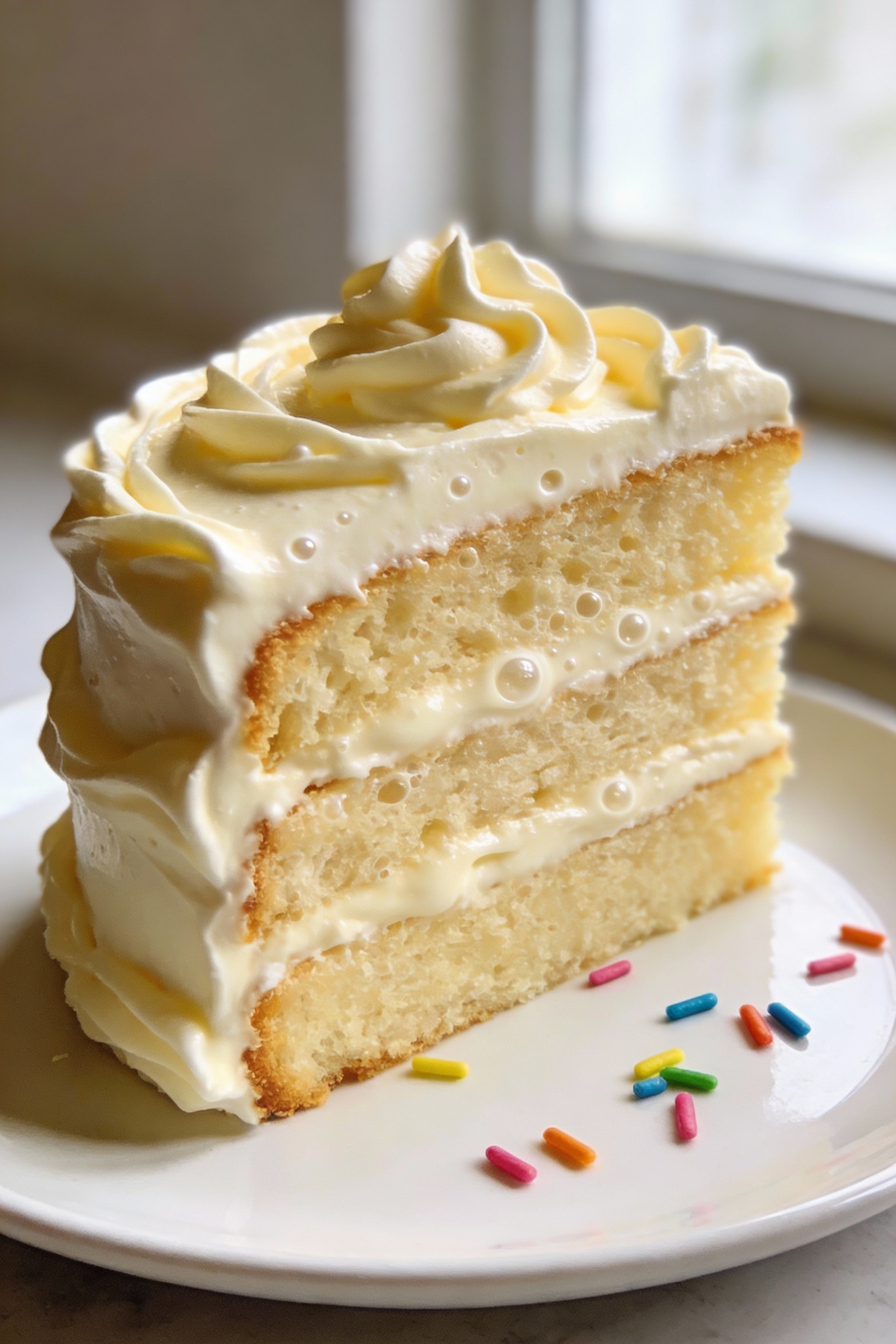 Close-up detail of a frosted vanilla layer cake slice showing fine, moist crumb and fluffy vanilla buttercream swirls, s