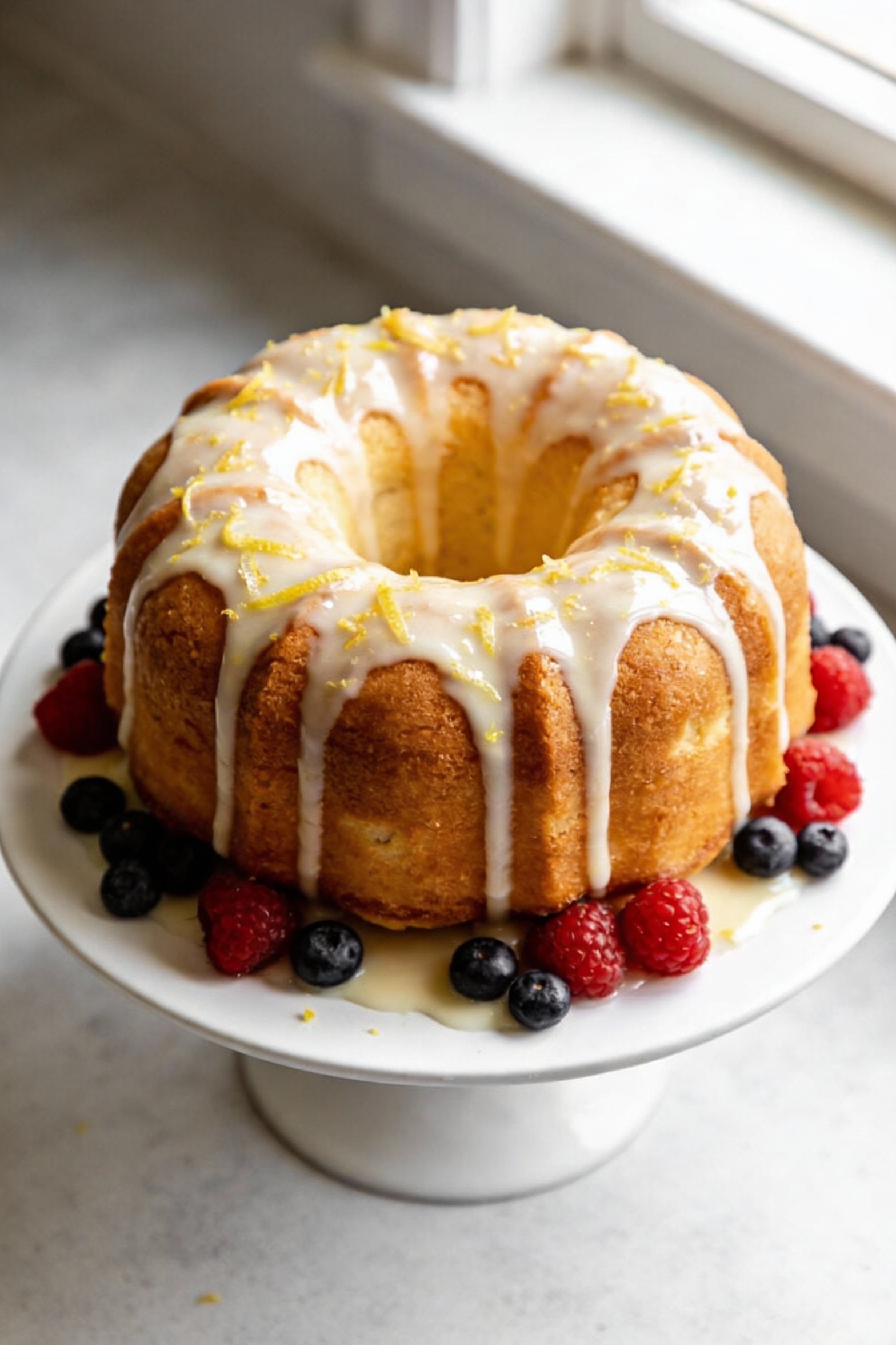 Overhead shot of a glossy vanilla-citrus Bundt cake on a white cake stand, lemon zest-speckled glaze drizzled in clean r