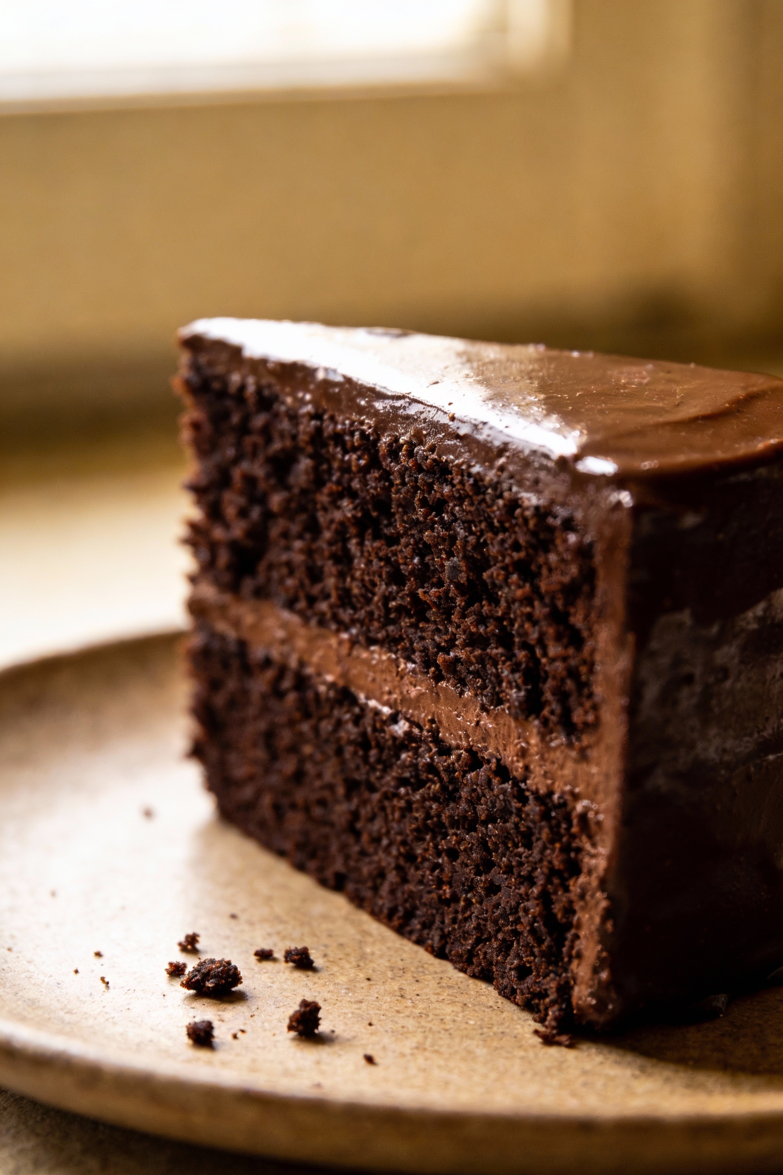 1. Close-up detail of a thick slice of ultra-moist chocolate layer cake showing a plush, dark cocoa crumb and a clean ga