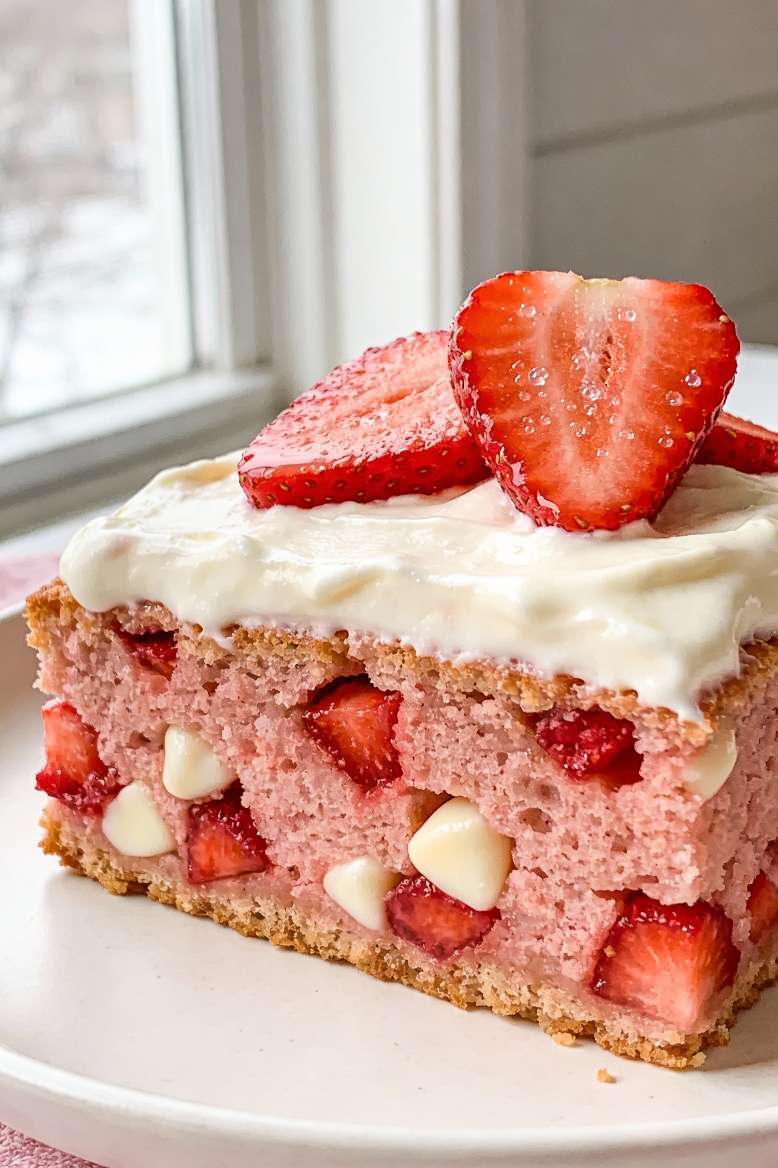 1. Close-up of a moist strawberry sheet cake slice showing a tender pink crumb with pockets of baked diced strawberries 