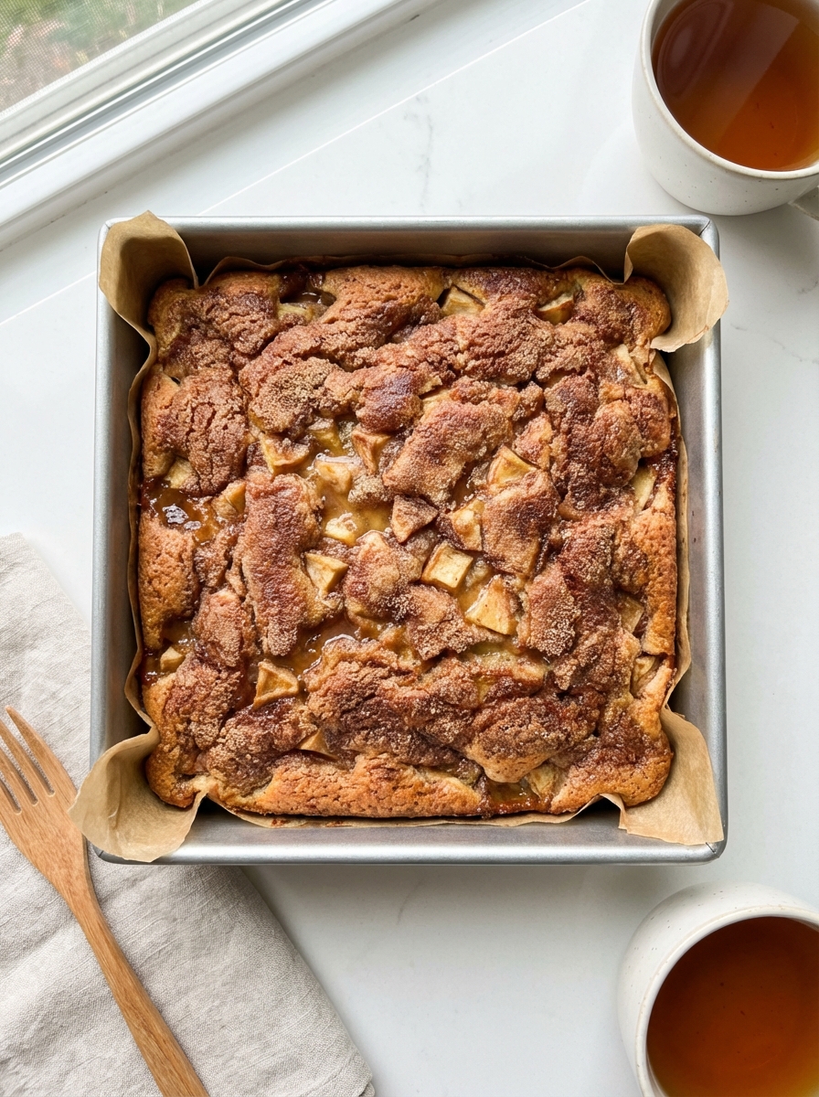 1. Overhead shot of a freshly baked cinnamon-apple snack cake in a 9-inch square pan, crackly cinnamon-sugar top with go