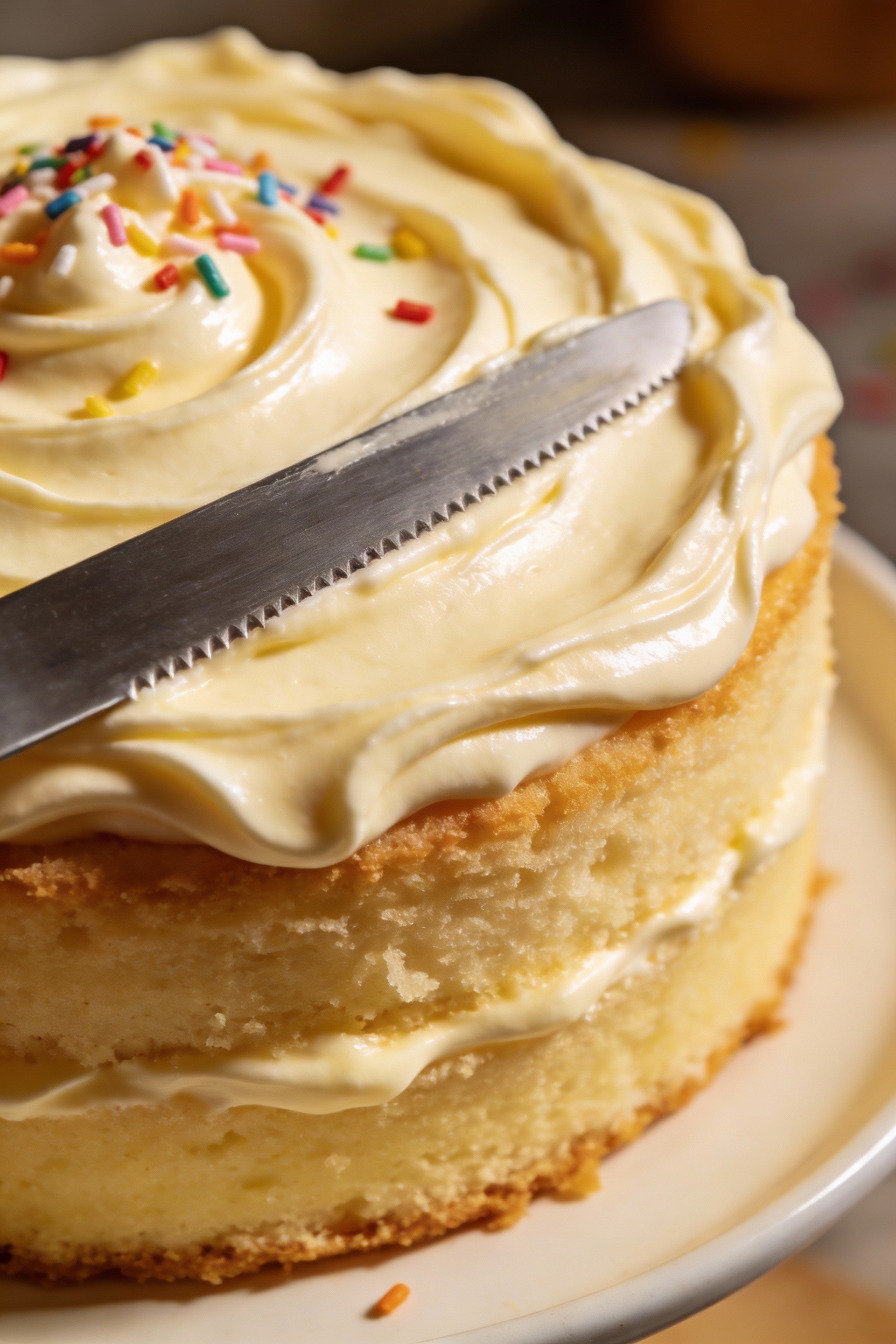 Close-up detail: thick, glossy vanilla buttercream being smoothly swirled onto a fully cooled vanilla layer cake, sharp