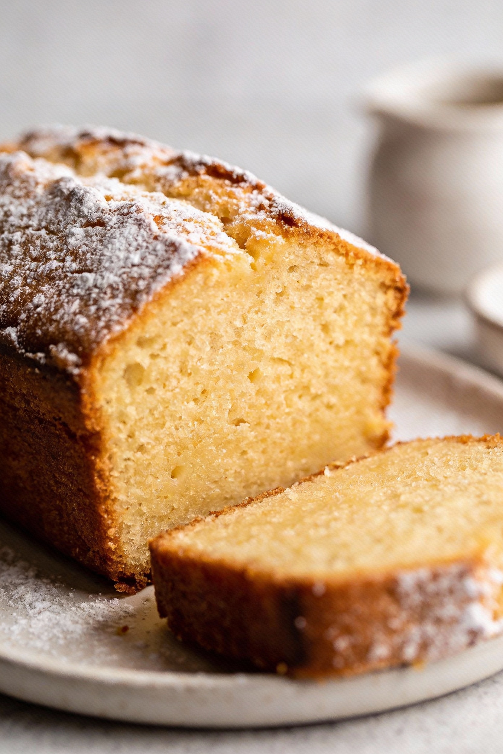2. Close-up detail: thick vanilla pound cake slice showing a tight, velvety crumb and buttery sheen, shallow depth of fi