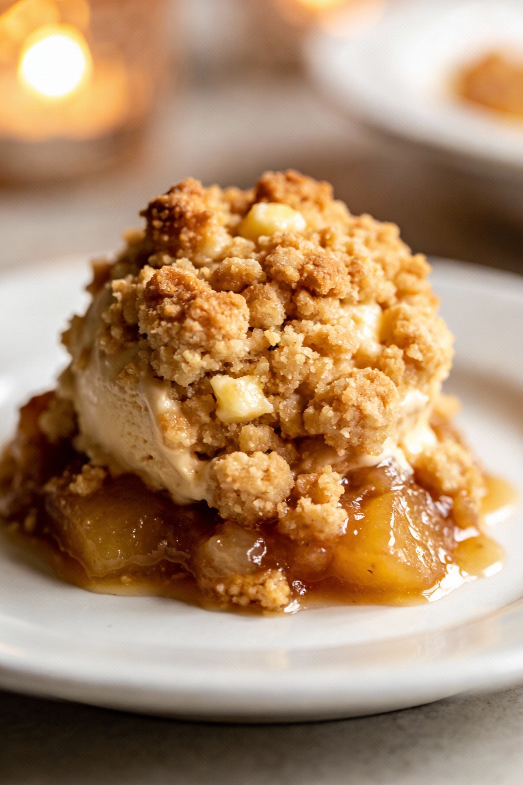 Close-up detail of a warm dump cake scoop showing the contrast between crunchy golden cake-mix topping and gooey fruit l