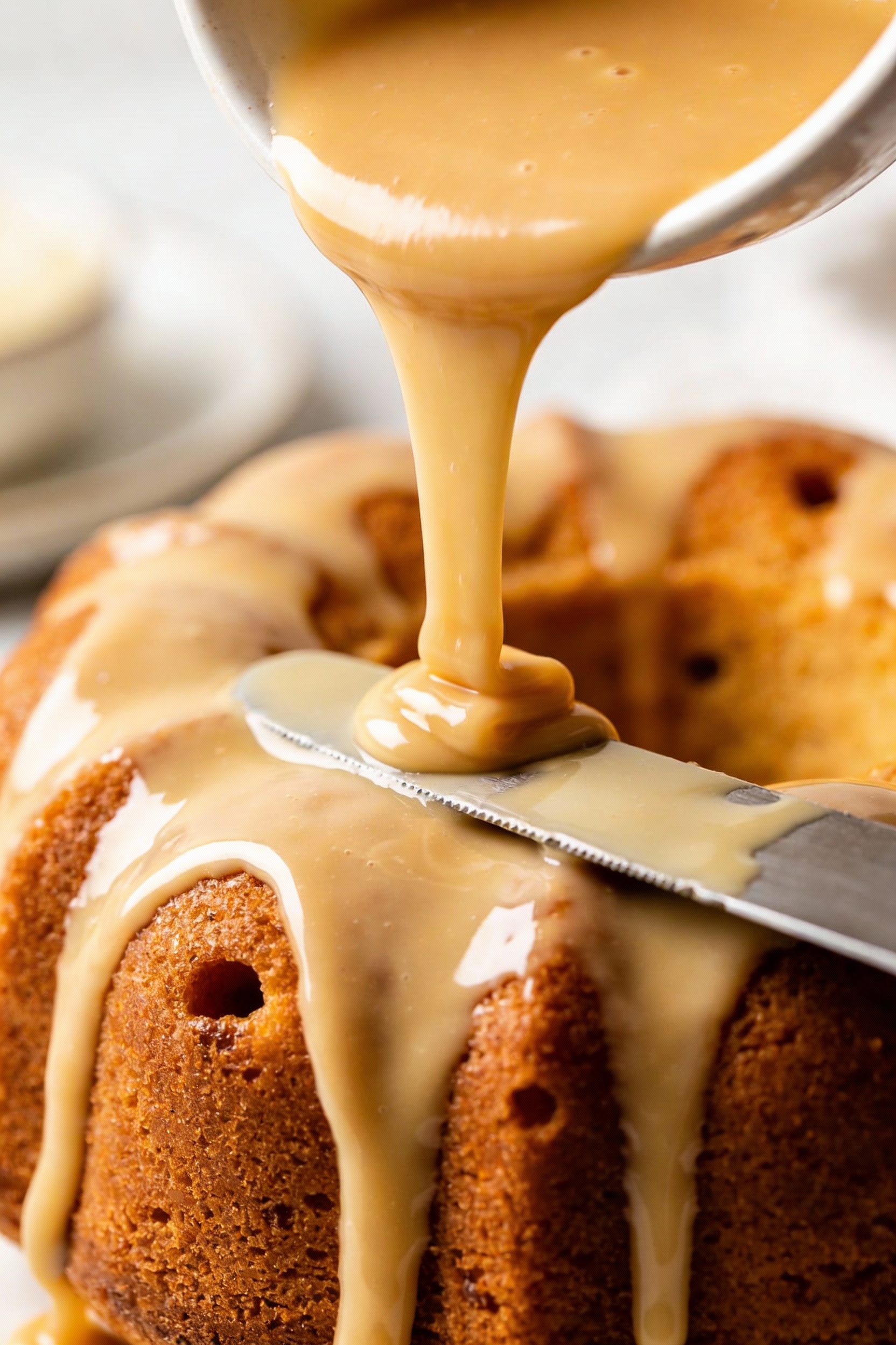 2. Action shot of thick vanilla pudding + sweetened condensed milk soak being poured and gently spread over the warm pok