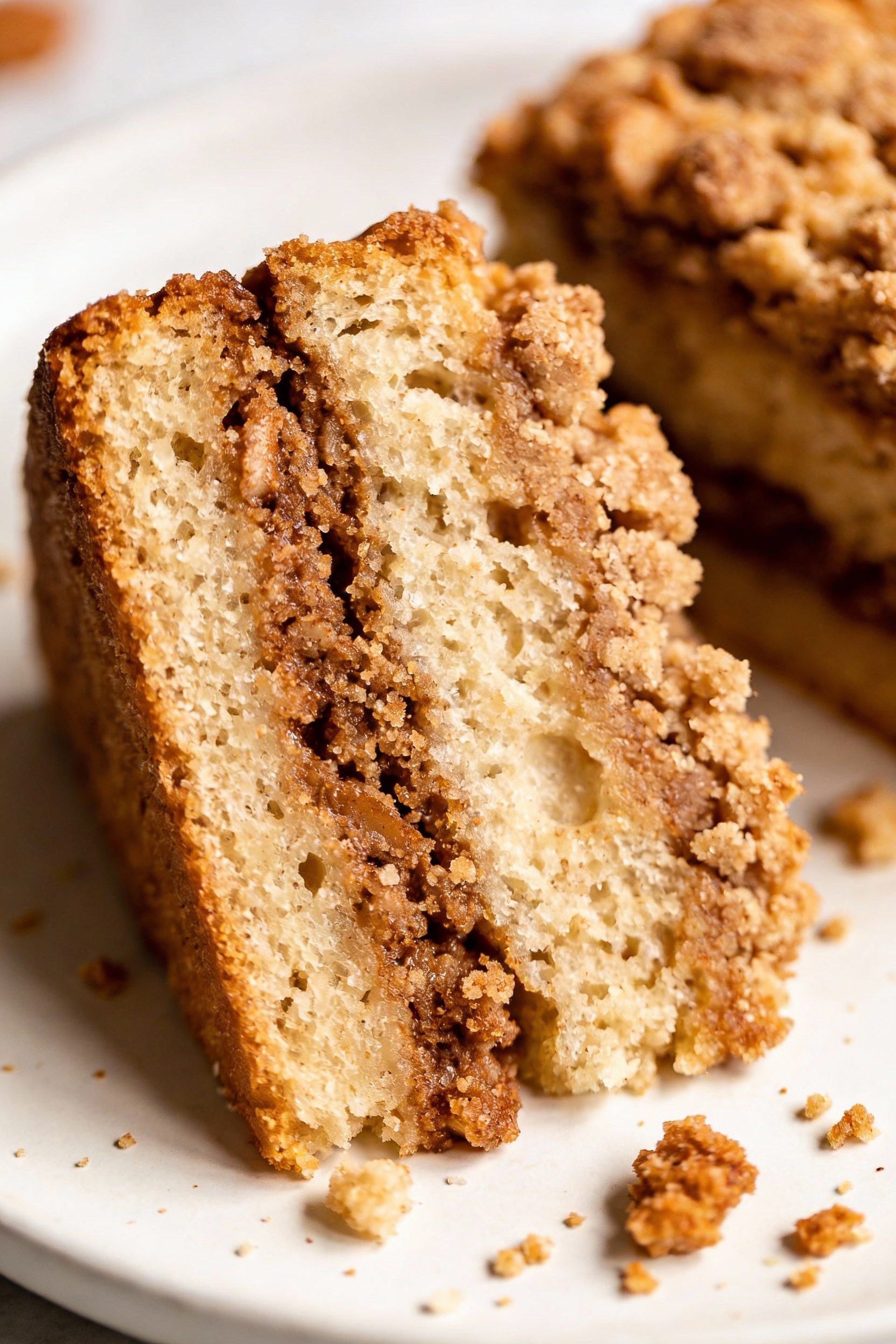2. Close-up detail of a sliced coffee cake square showing tender moist sour-cream crumb and distinct cinnamon-streusel l