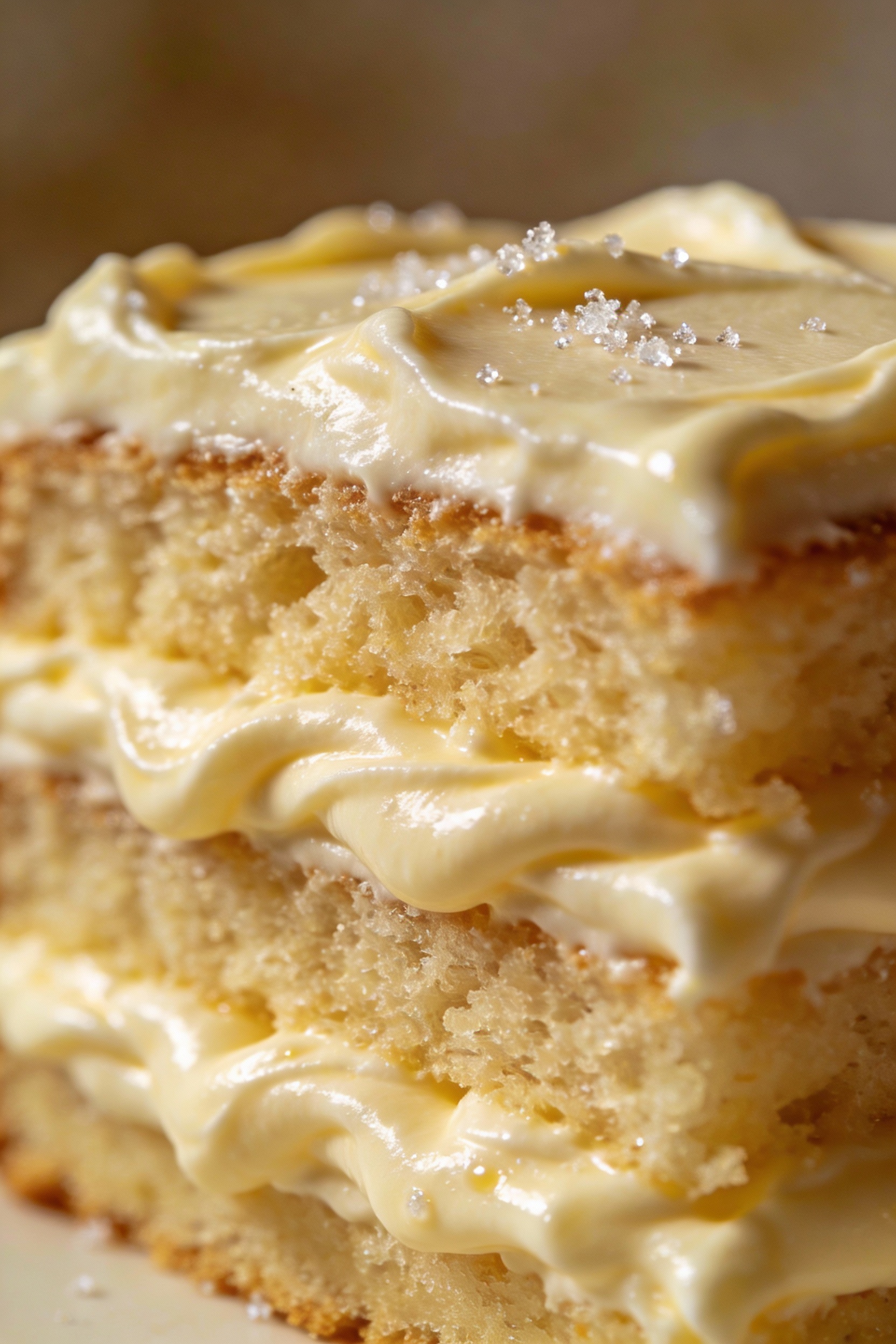 2. Close-up detail: slice of classic vanilla cake showing a tender, fluffy crumb with moist texture, thick vanilla butte