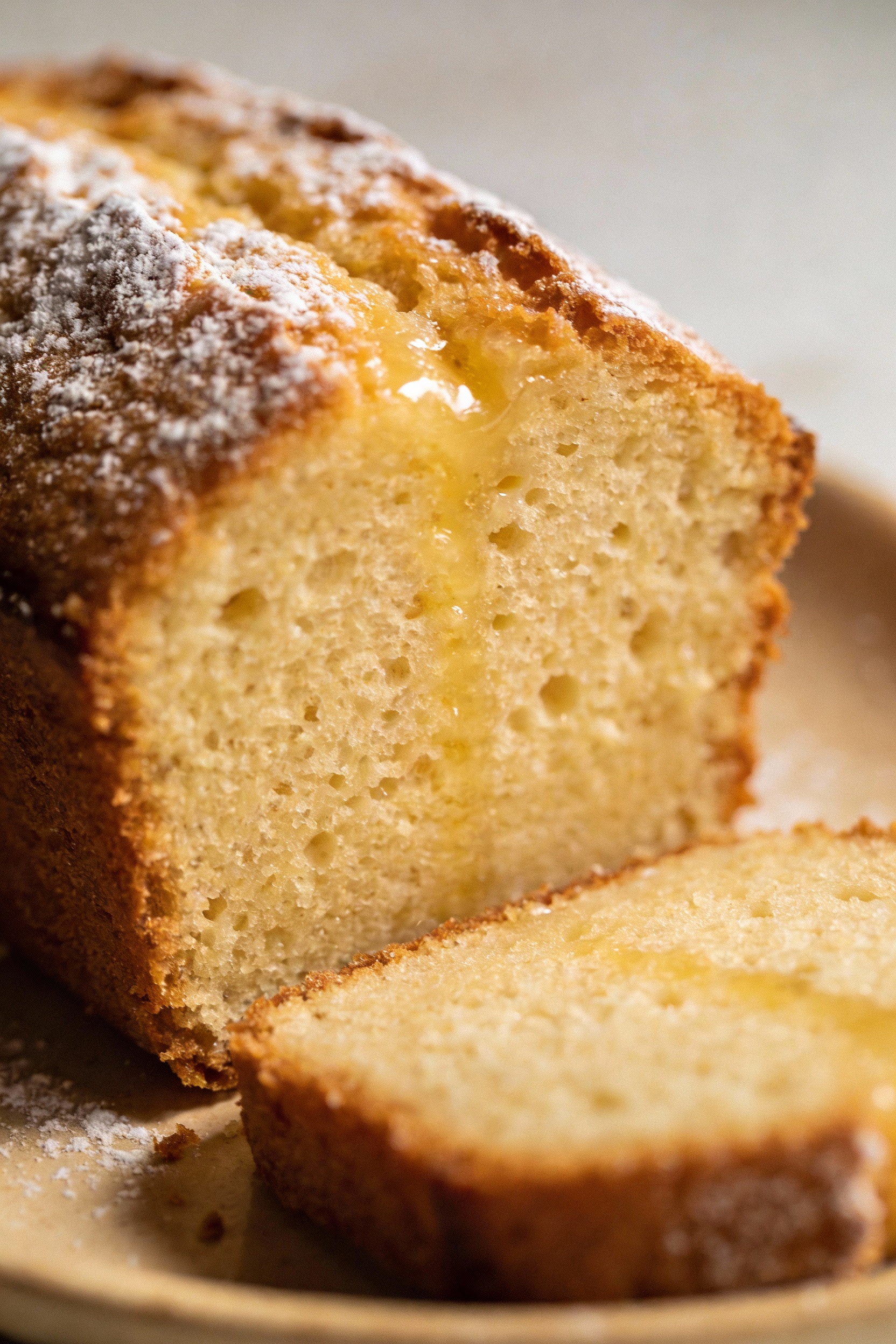 Macro close-up of a sliced vanilla cake showing an ultra-tender, even crumb with tiny air pockets and a moist sheen from