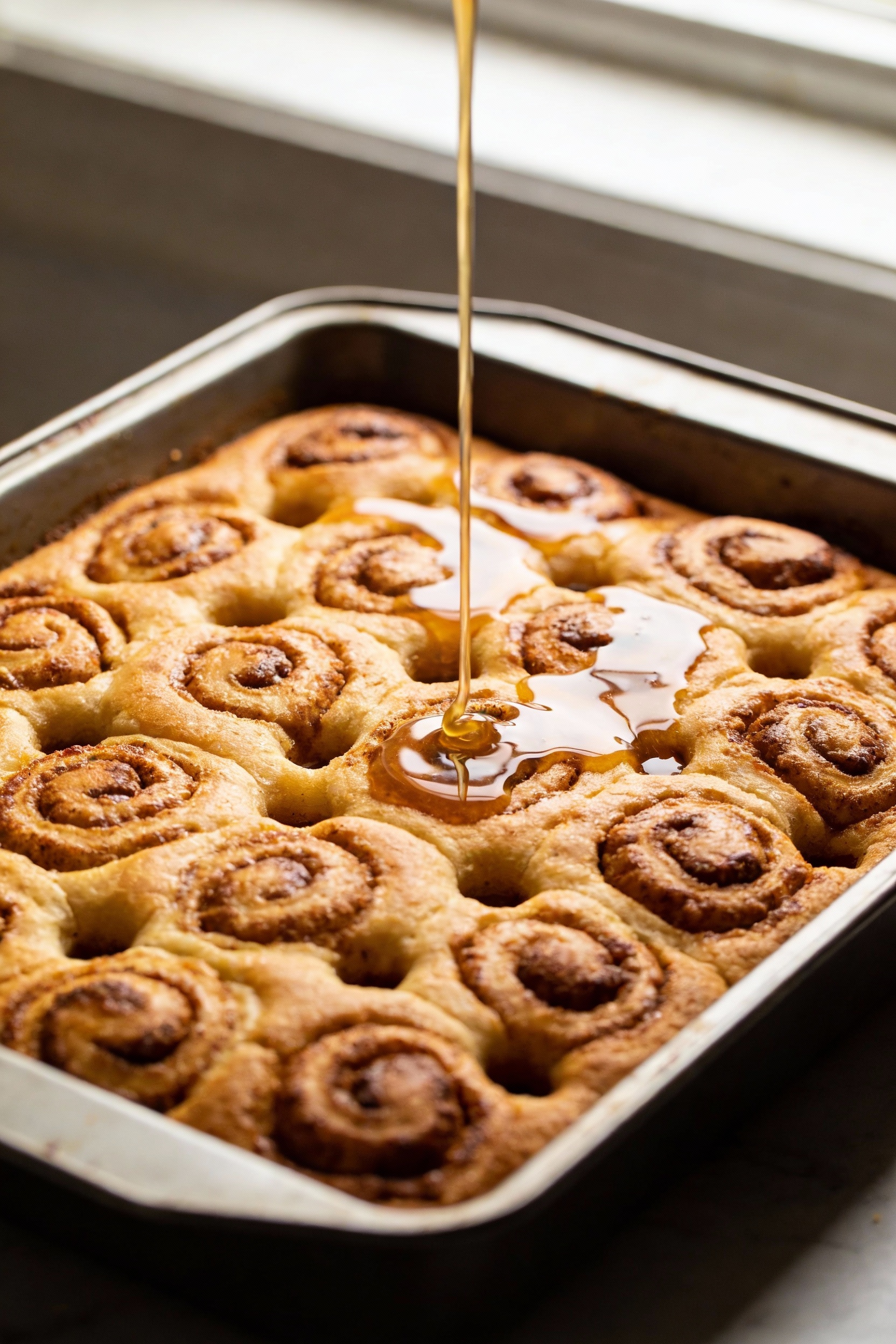 Warm cinnamon roll poke cake in a 9x13 metal pan, top golden with visible cinnamon–brown sugar swirls, overhead shot cap
