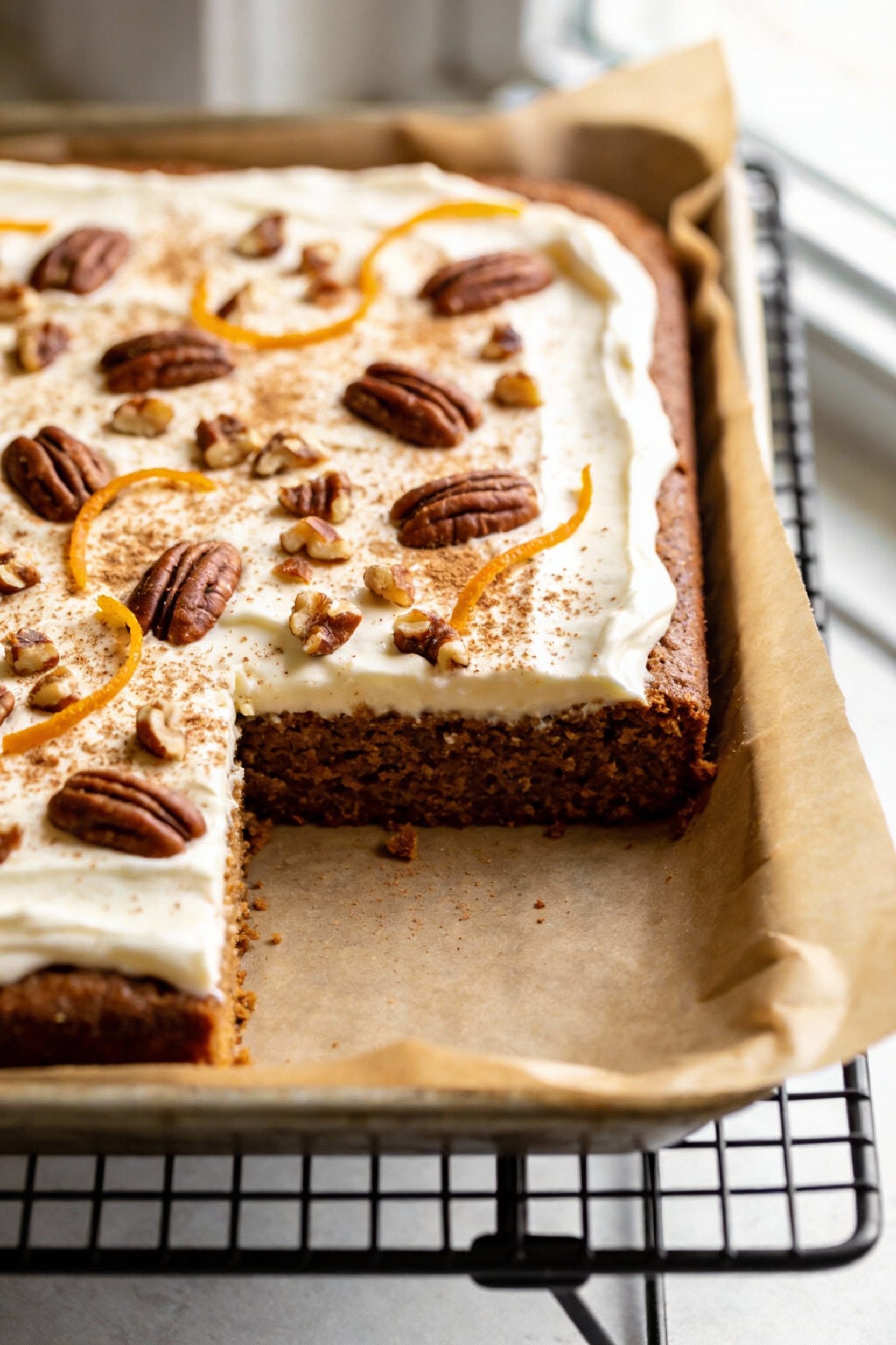 Top-down shot of a 9x13 spice cake, smoothly frosted cream cheese, light cinnamon sprinkle, chopped pecans and thin oran