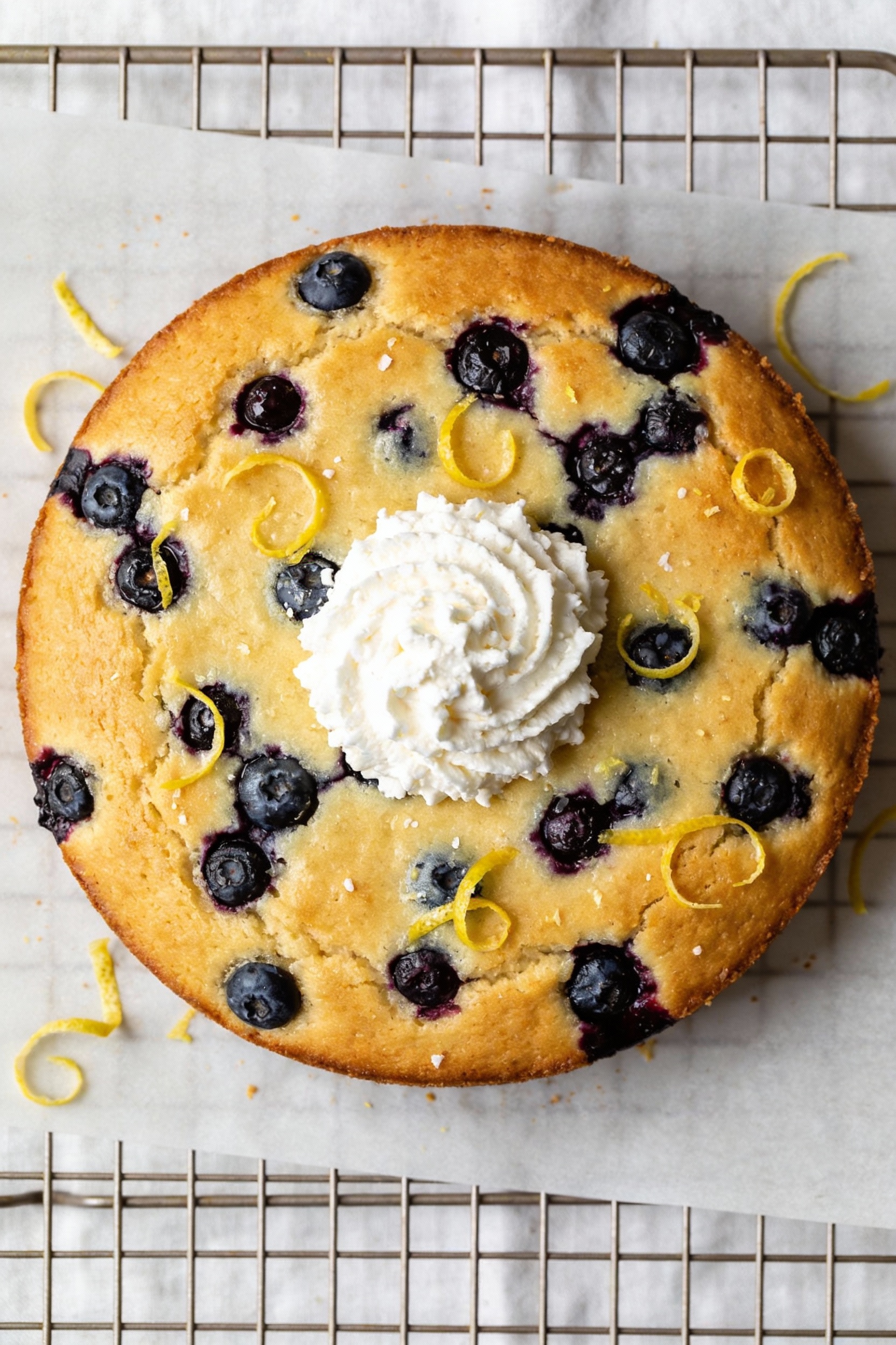2. Overhead shot of Lemon Blueberry cake (8–9-inch round) fully cooled on parchment over a wire rack; golden surface dot