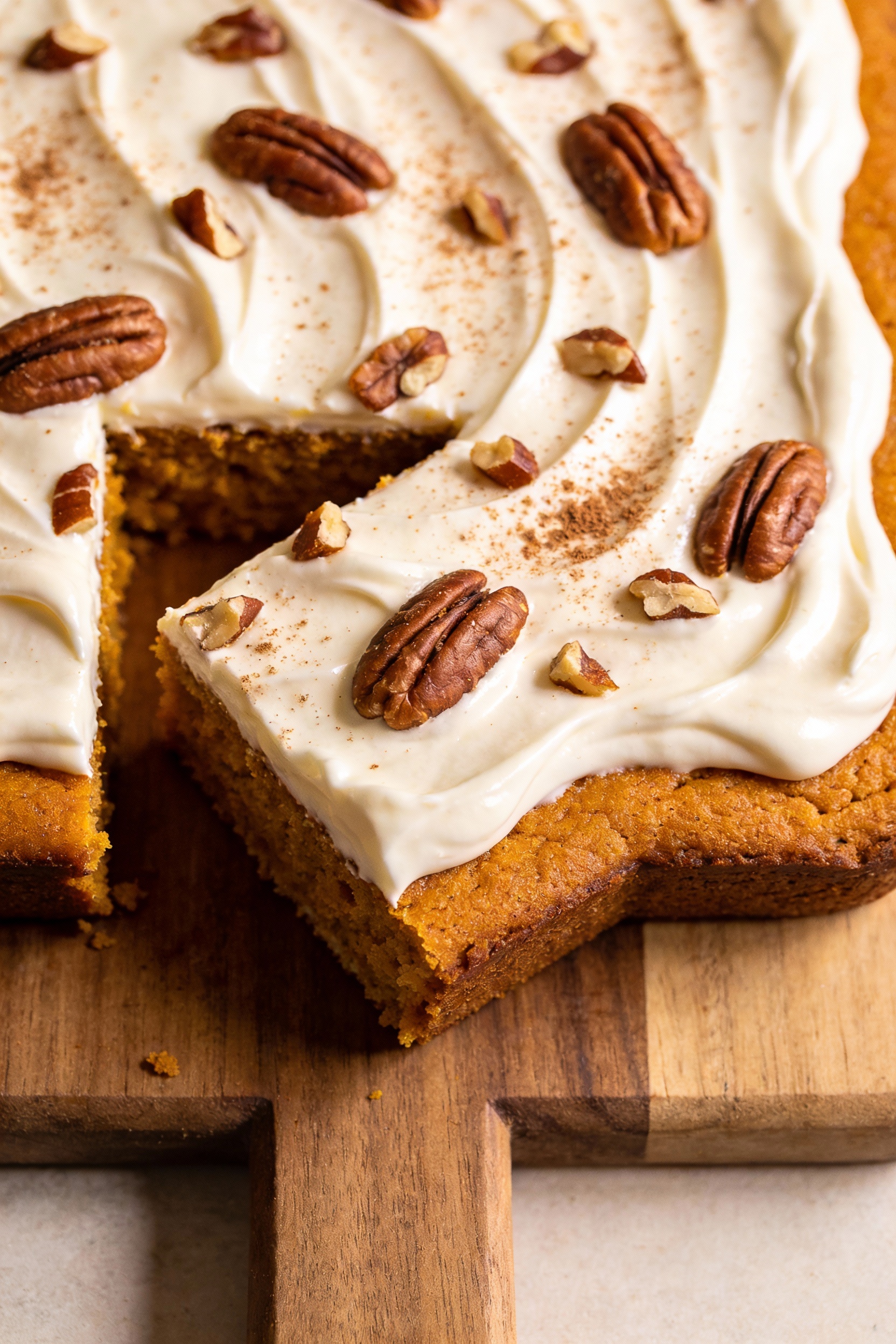 Overhead shot of pumpkin sheet cake with thick cream cheese frosting swirled, sprinkled with chopped pecans and a light 
