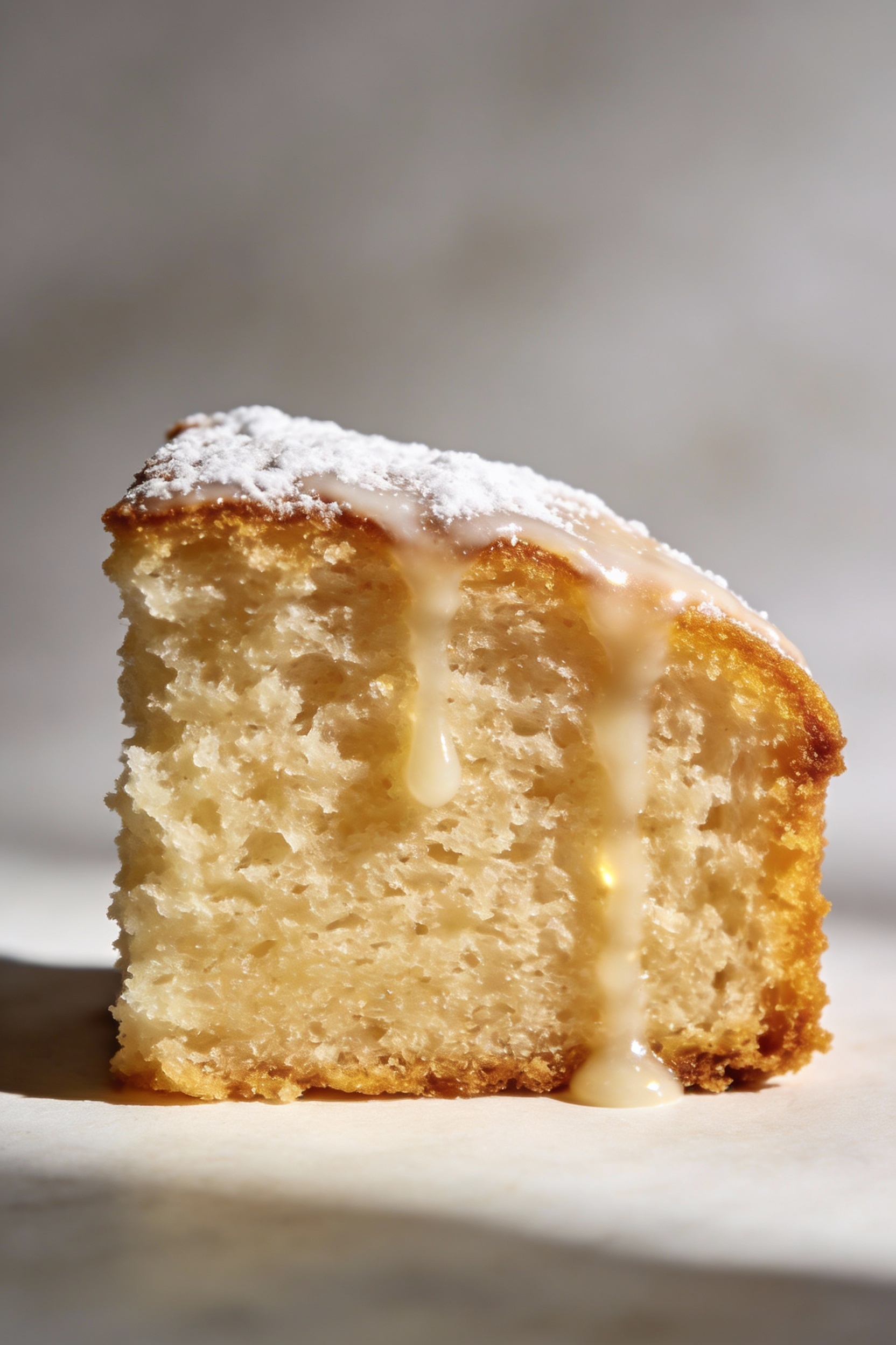 Macro close-up of a single slice showing plush, moist crumb and thin golden edge, a glossy powdered sugar glaze drip cat