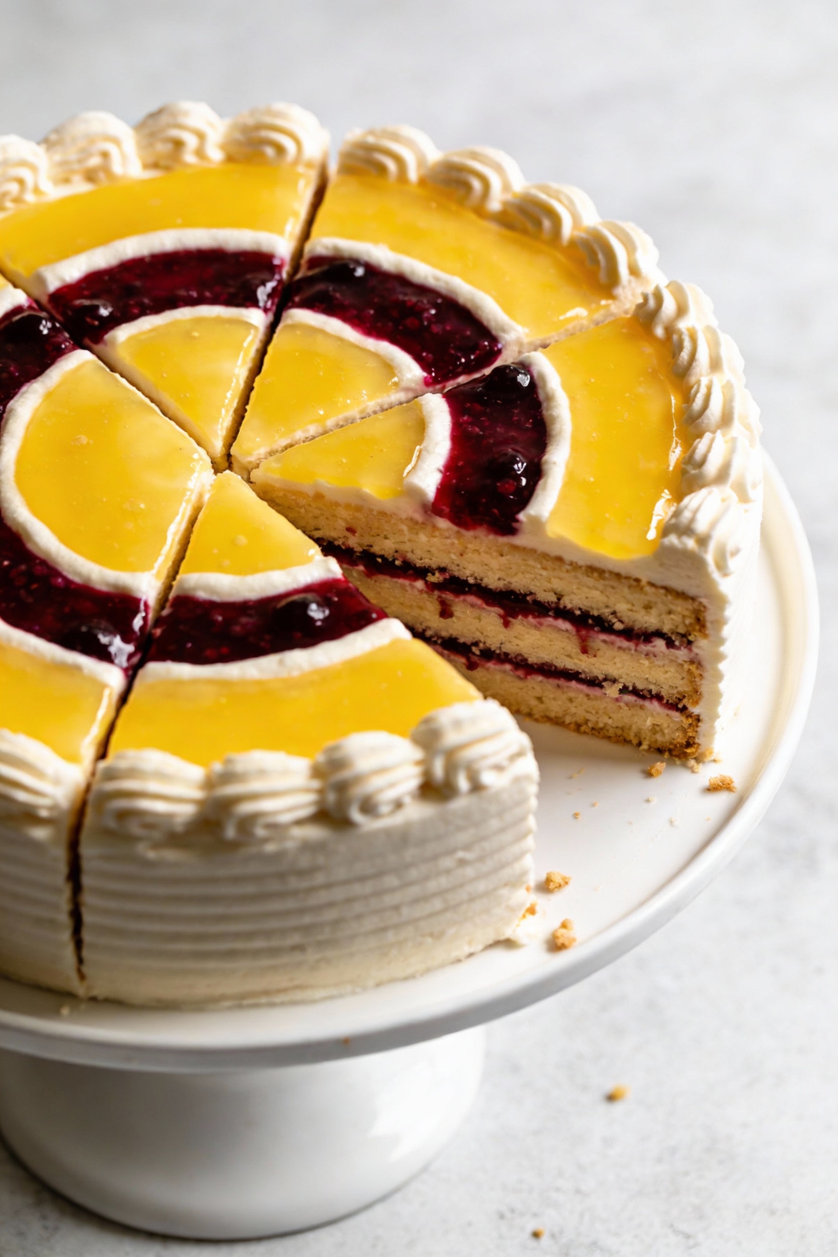Overhead shot of a sliced layer cake showing a neat buttercream dam ring holding bright lemon curd and a thin berry comp