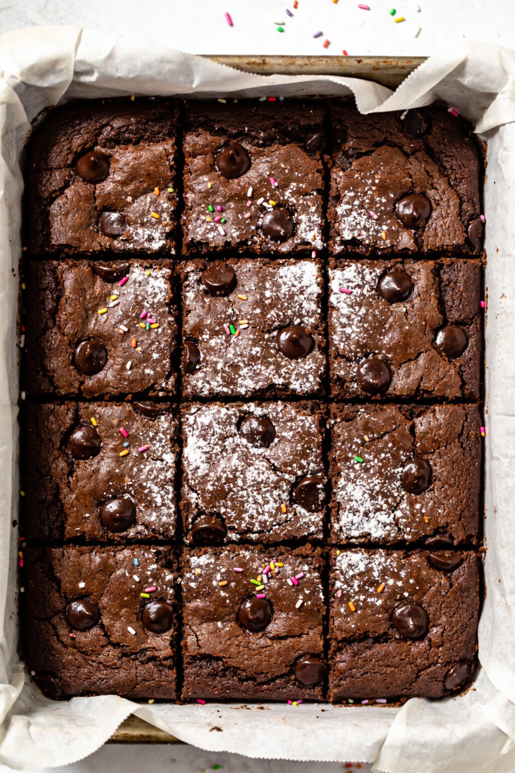 Overhead shot of fudgy brownie-style chocolate cake mix bars cut into neat squares in a parchment-lined 9x9 pan, visible