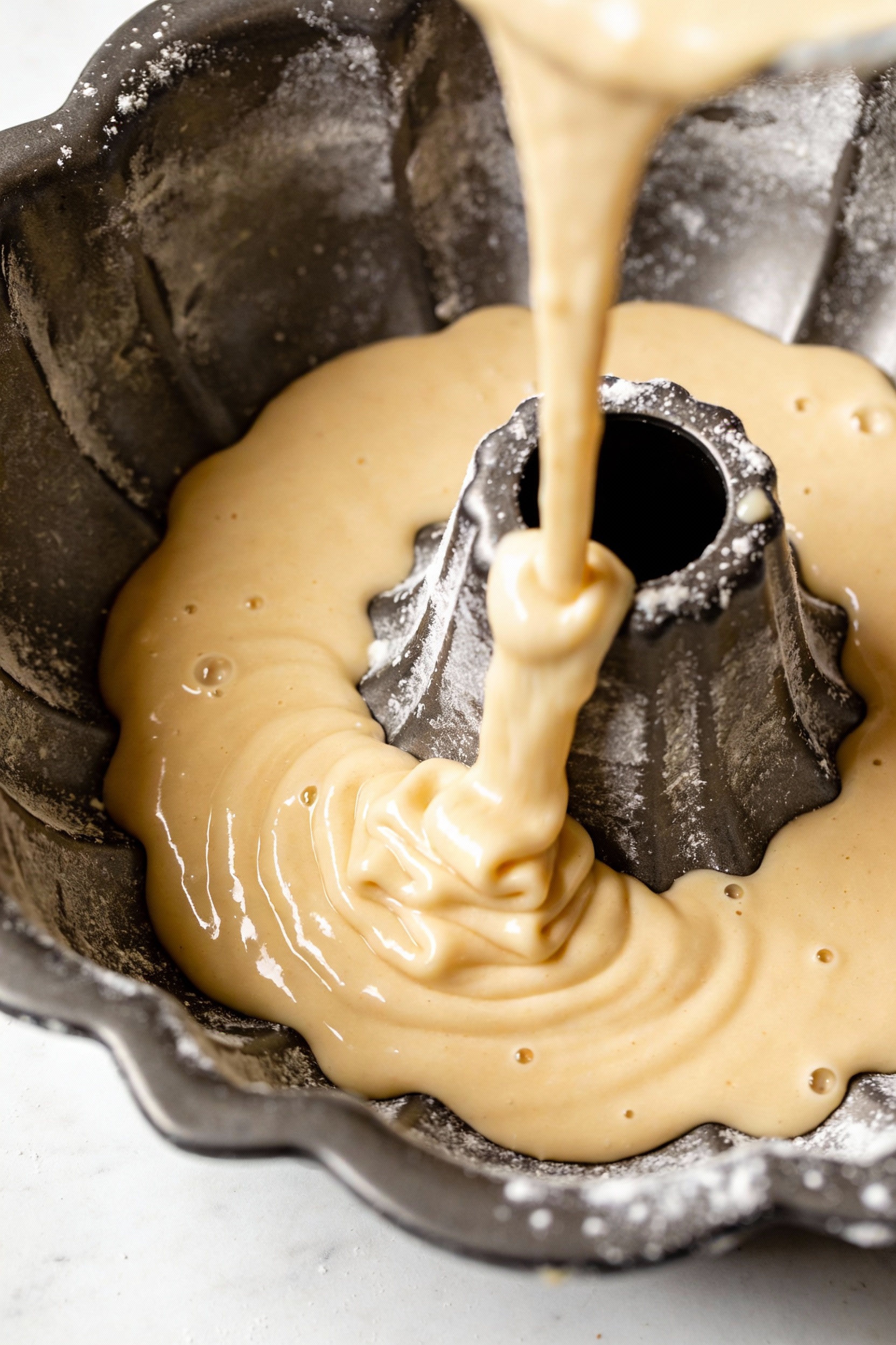 Cooking process: thick glossy Bundt batter being poured into a greased, detailed Bundt pan, batter ribbon settling into 