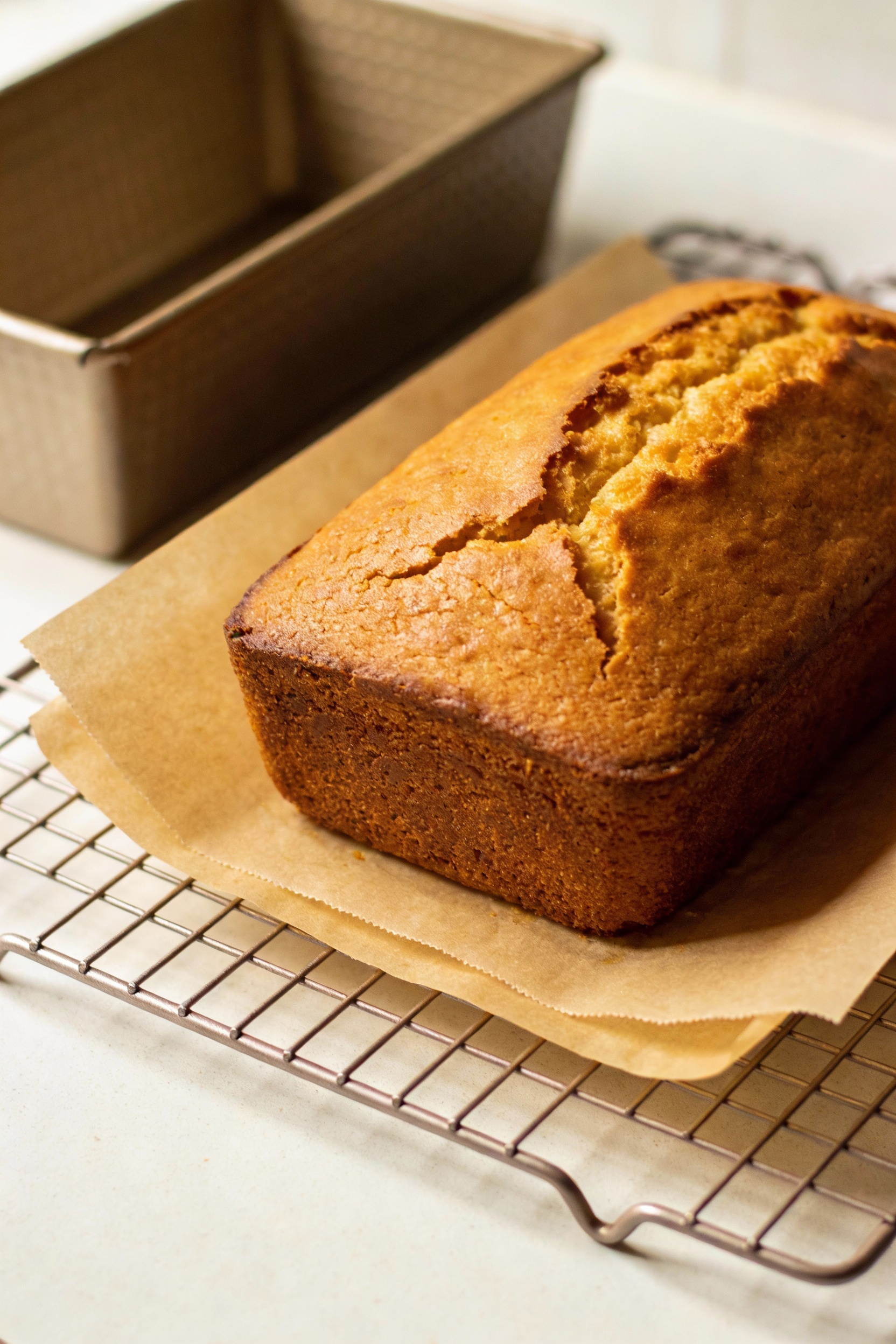 Cooking process shot of a golden pound cake loaf cooling on a wire rack with parchment overhang, visibly cracked top and