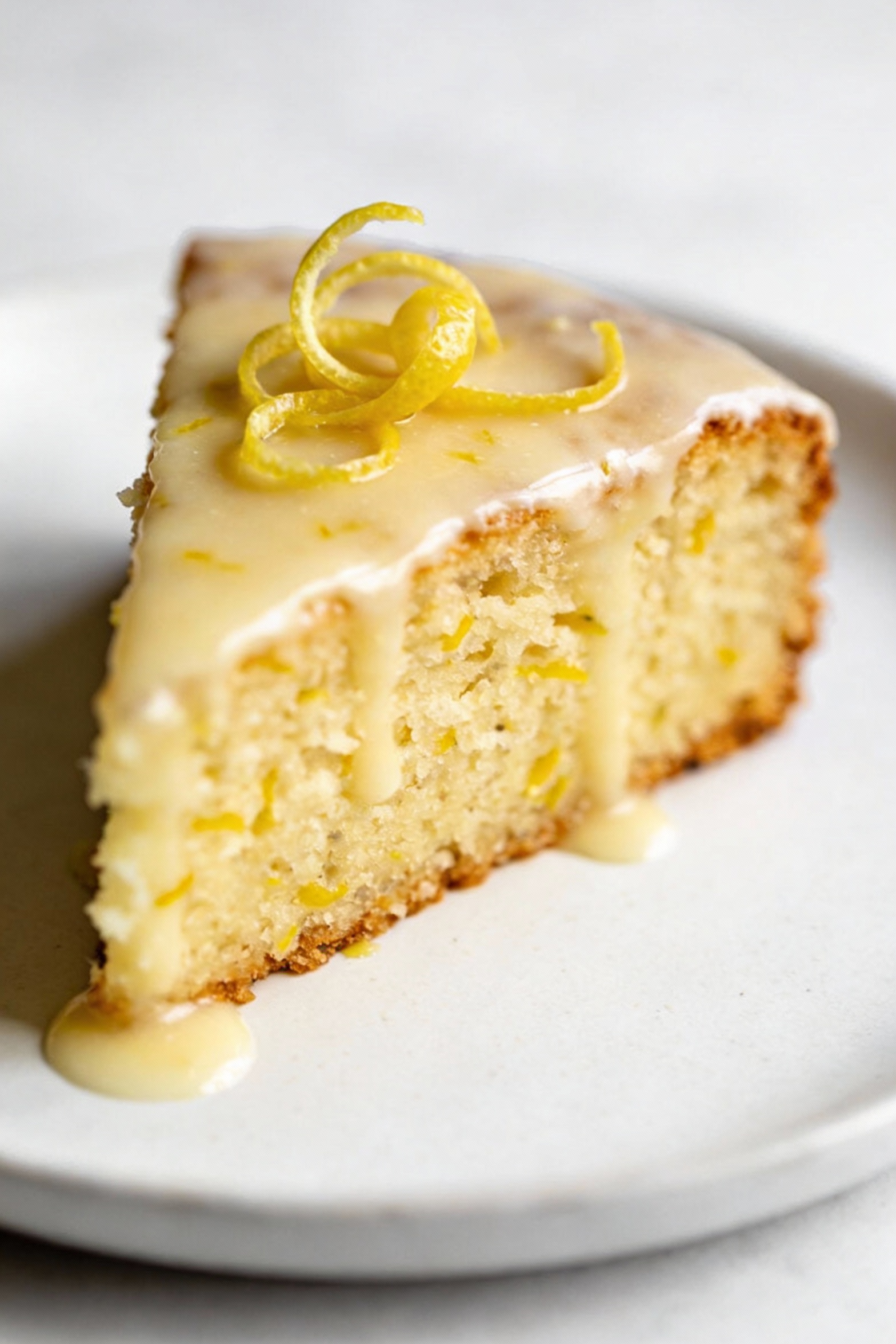 Close-up detail of bright lemon yogurt cake slice with fine moist crumb and visible lemon zest flecks, lightly glazed an