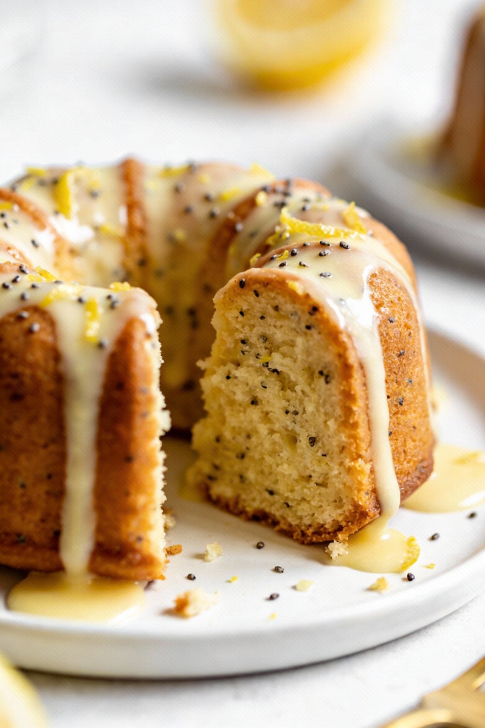Close-up detail of lemon poppy seed mini Bundt cake with glossy lemon glaze dripping into the grooves, visible lemon zes