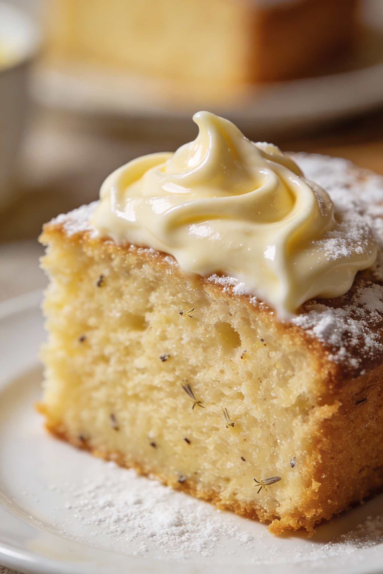 Close-up detail of a thick slice of bakery-style vanilla cake on a white plate, tender moist crumb with tiny vanilla spe