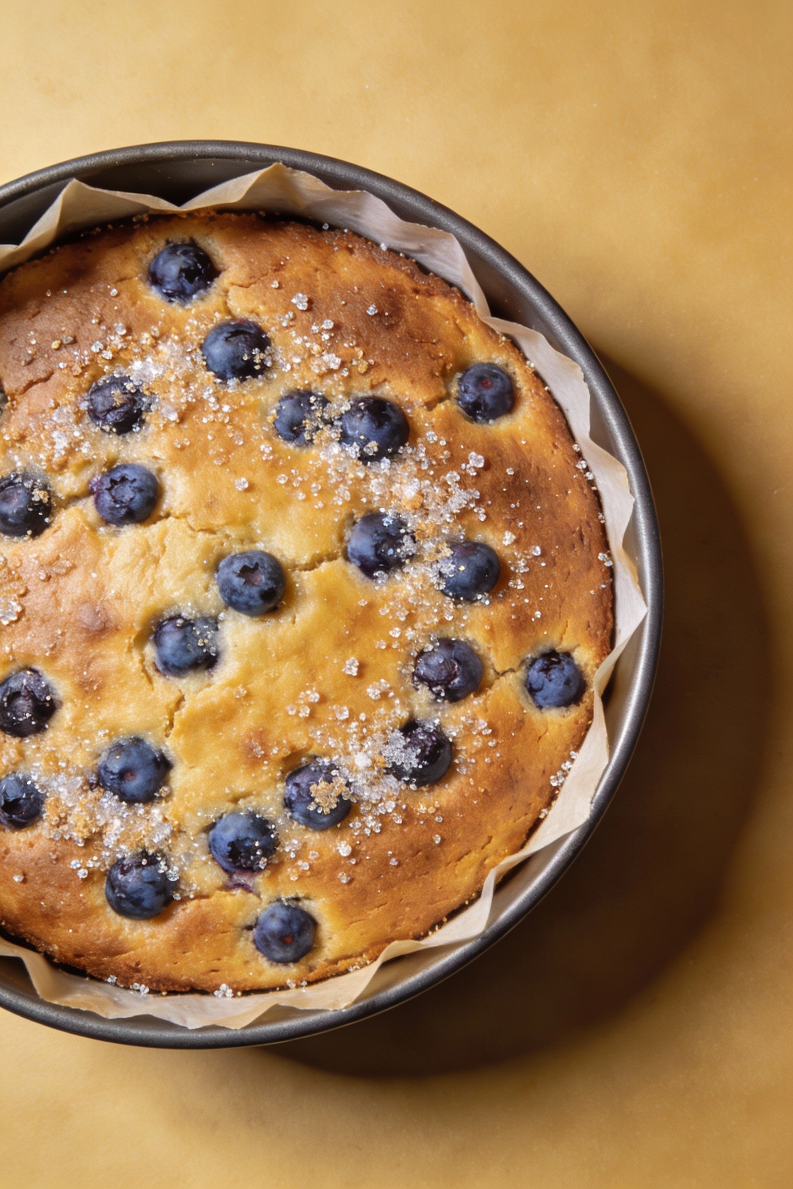 Overhead shot of the baked 9-inch round blueberry cake in the pan with a parchment-lined edge visible, golden top with s