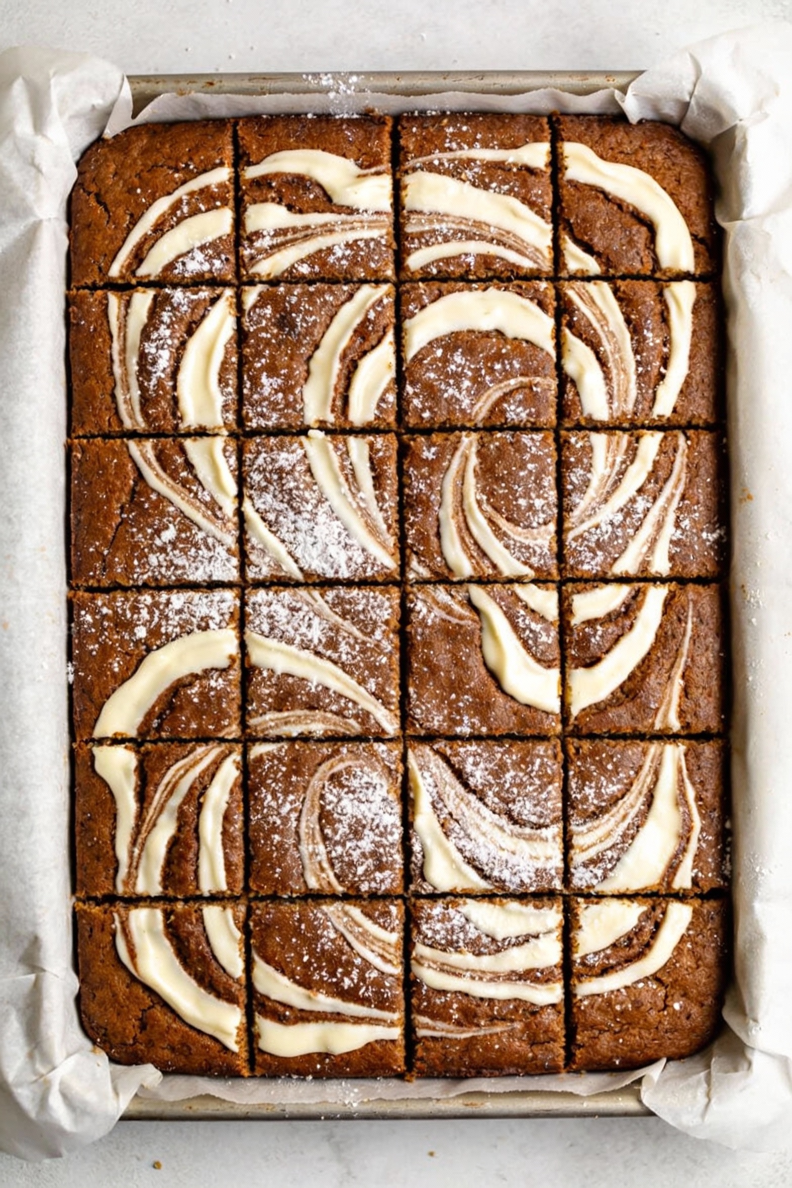 Overhead shot of cream cheese swirl snack cake cut into neat squares in a parchment-lined 9x13 pan, dramatic marbled cre