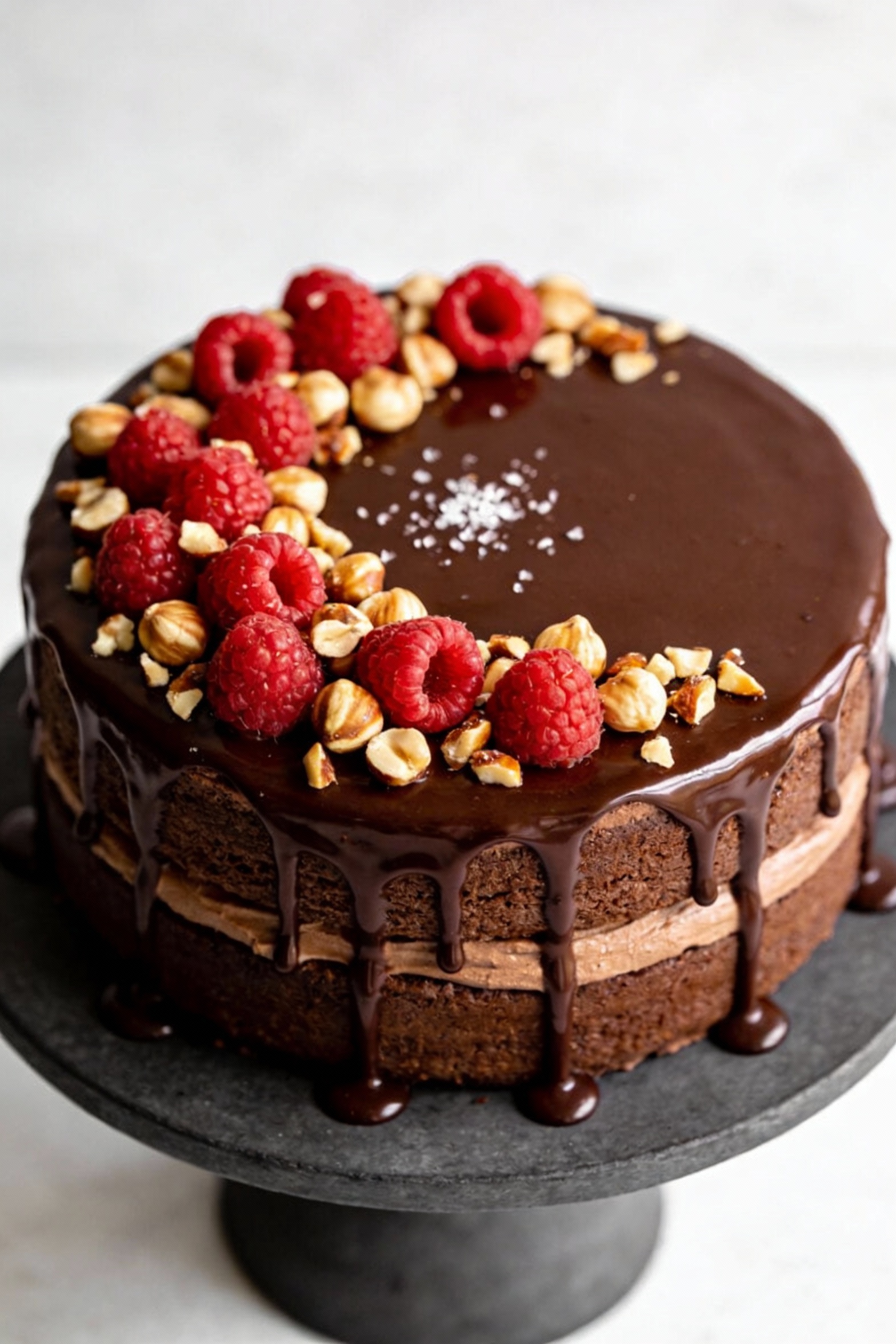 2. Overhead shot of the finished two-layer 8-inch chocolate cake with a dramatic glossy ganache drip all around the edge