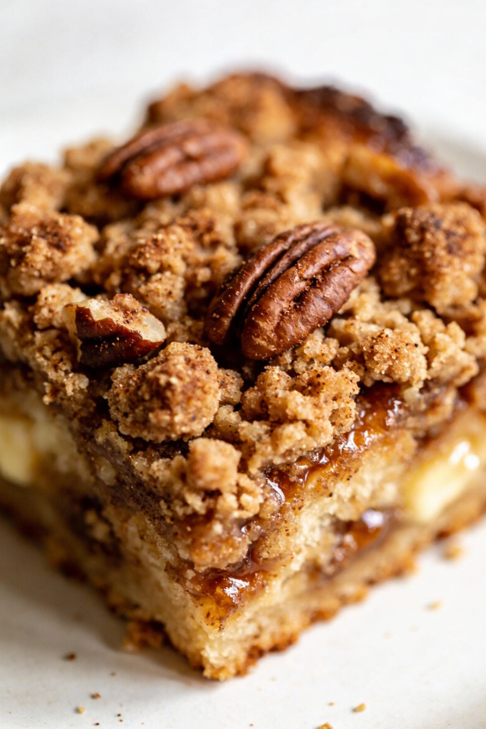 2. Close-up detail of the coffee cake streusel topping: crunchy cinnamon-brown sugar crumbs with visible pecan pieces, d