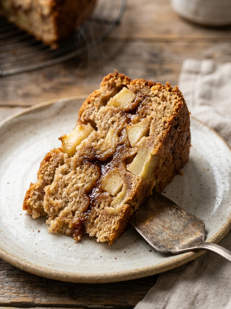 2. Close-up detail of a warm apple cake slice showing moist tender crumb with juicy 1/2-inch apple pieces, lightly caram