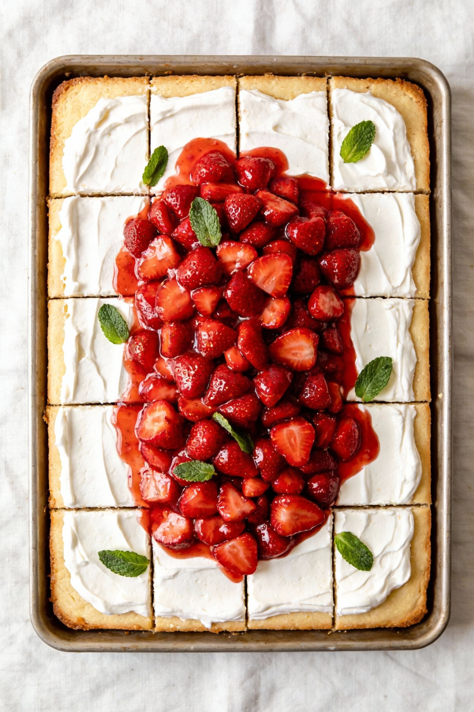 Overhead shot: 9x13 vanilla sheet cake evenly frosted with whipped frosting, topped with a generous pile of macerated st
