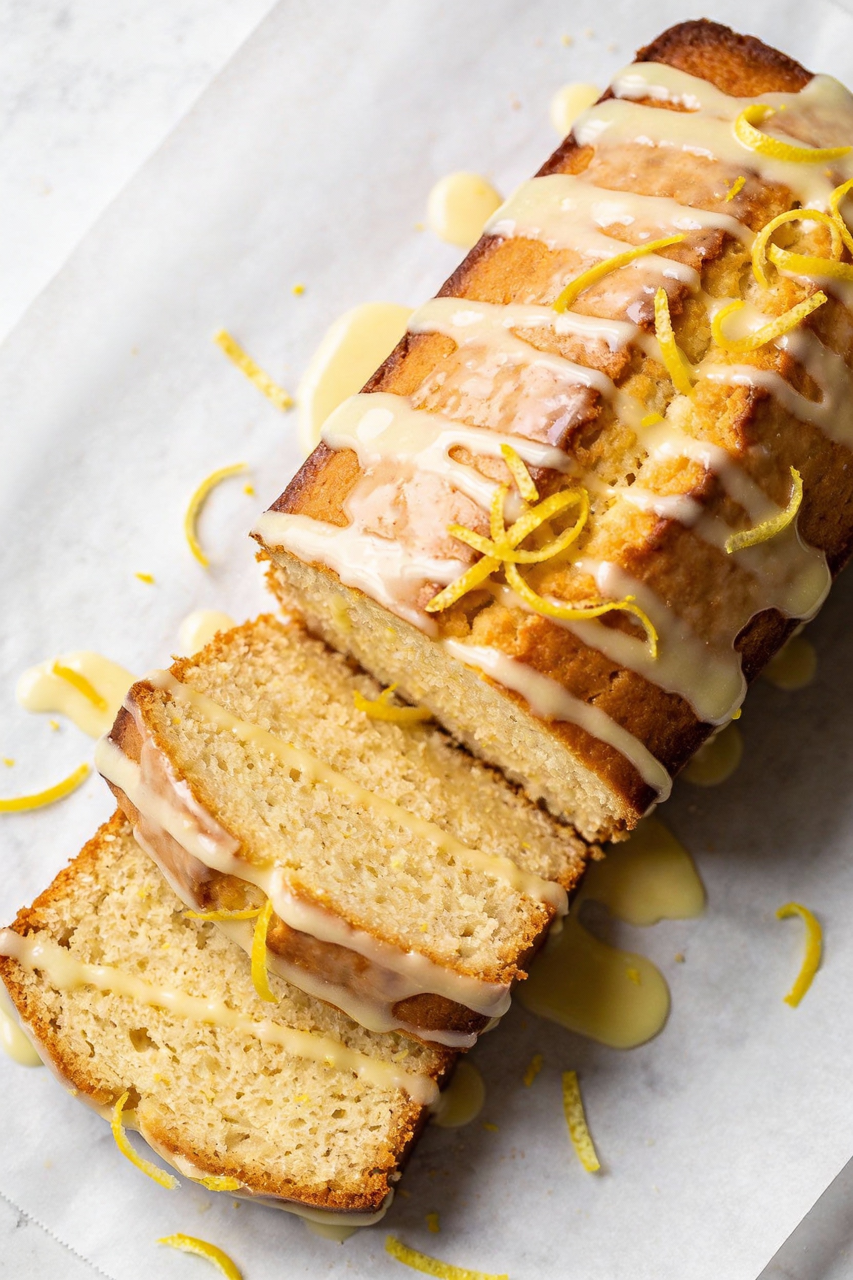 3. Overhead shot: lemon pound cake loaf on parchment with glossy lemon glaze drizzled in thin ribbons and bright yellow 