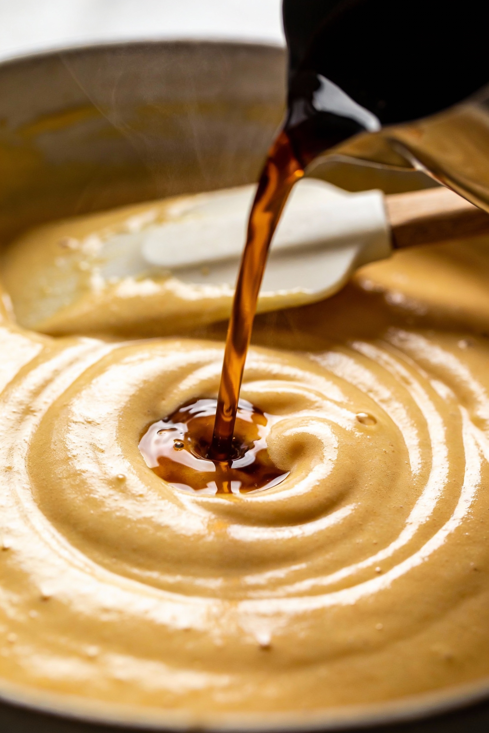 Cooking process: hot coffee being poured onto mixed batter in a bowl, creating a silky thinner glossy swirl; spatula res