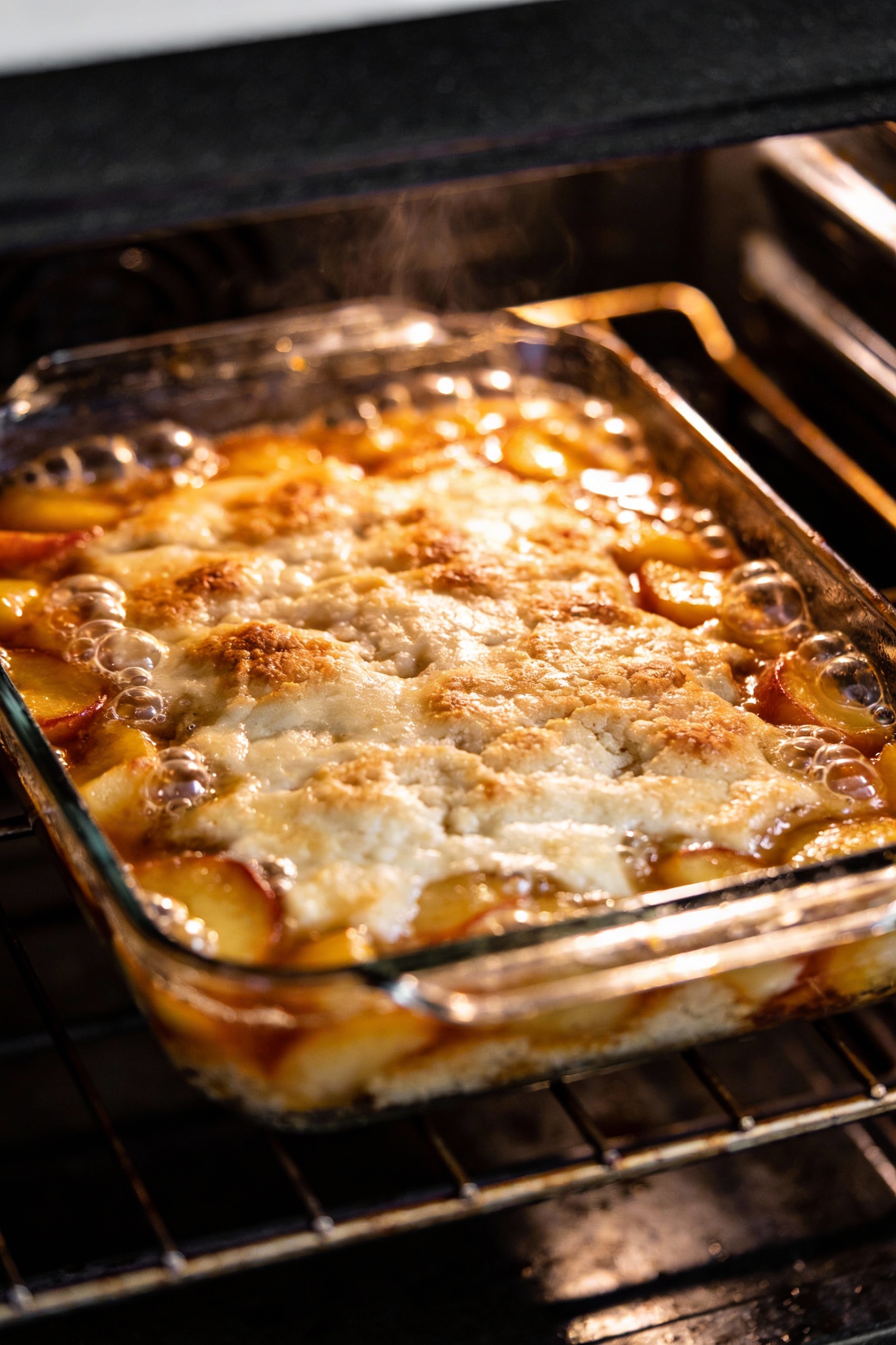 Cooking process shot inside an oven: dump cake in a baking dish mid-bake with actively bubbling fruit at the edges and t