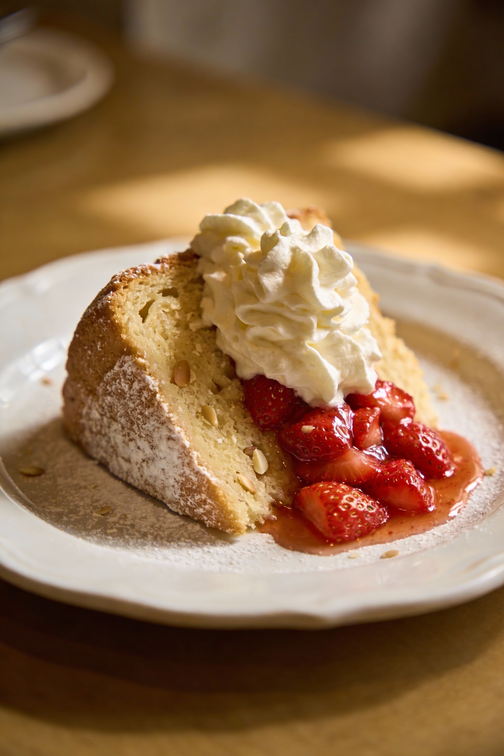 Beautifully plated slice of classic vanilla-almond angel food cake dusted with powdered sugar, topped with softly whippe