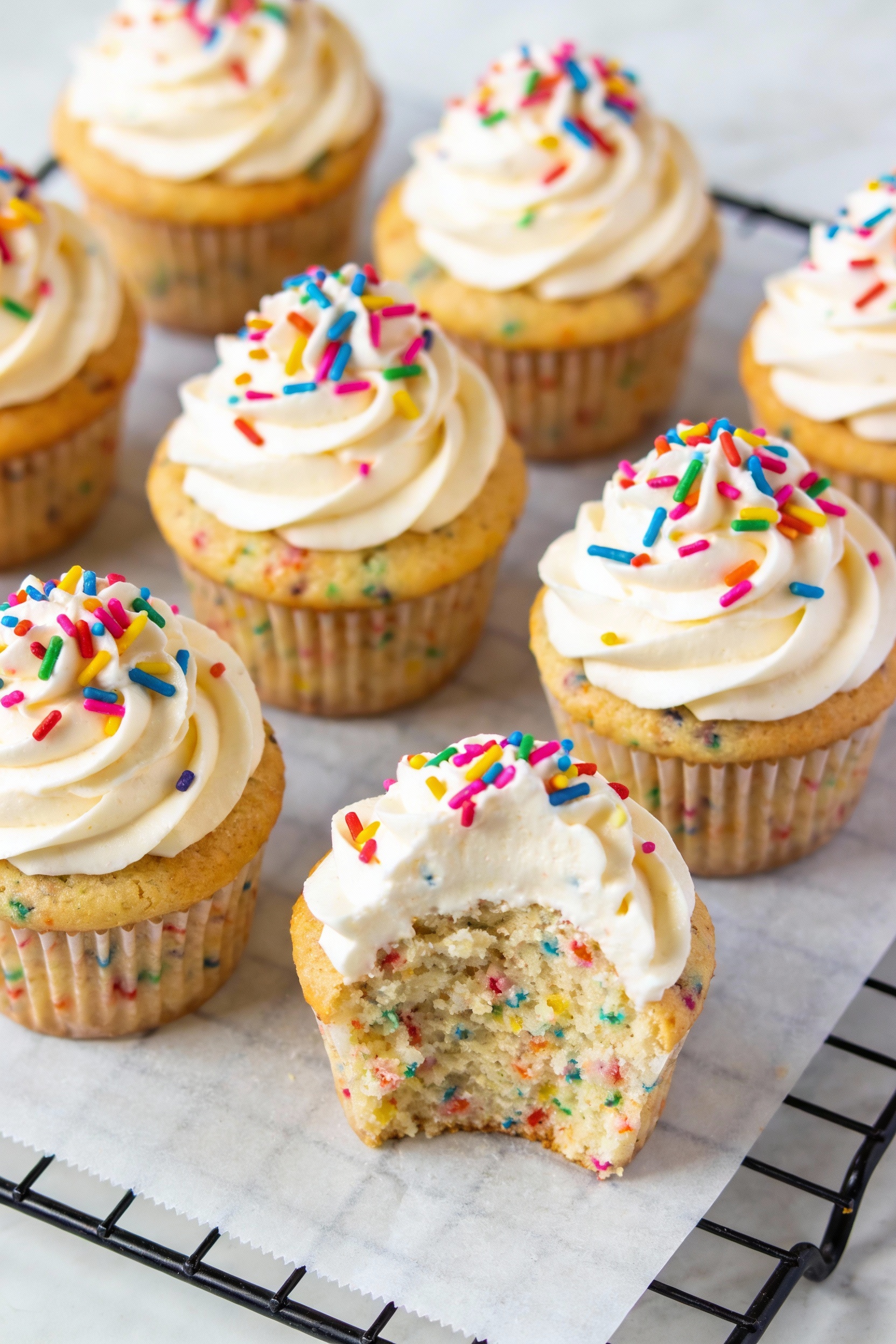 Overhead shot of funfetti birthday cupcakes: evenly swirled vanilla buttercream crowned with rainbow sprinkles on a parc
