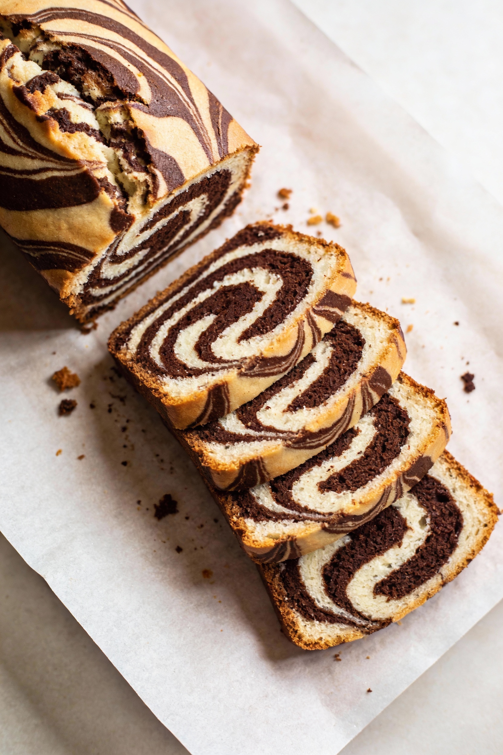 Tasty top view: Overhead shot of marble swirl loaf cake on parchment, clean slices fanned to reveal cocoa and vanilla sw