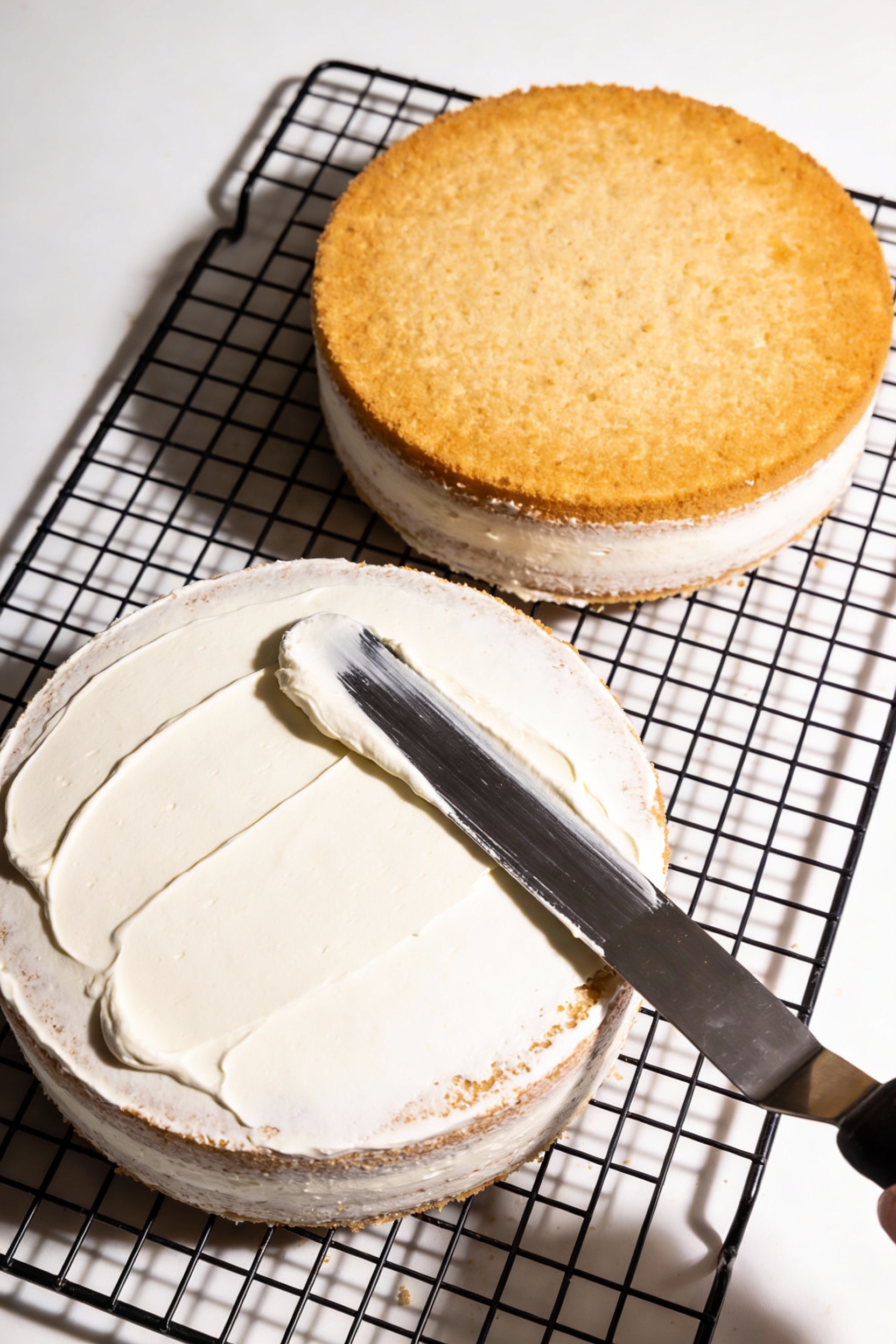 Cooking process: two 8-inch rounds on a wire rack—one with a thin crumb coat, one being finished; offset spatula smoothi