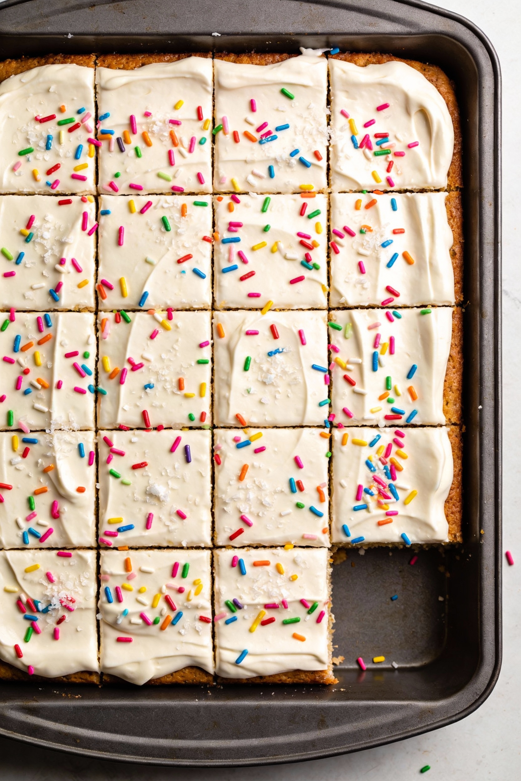 Overhead shot of fully frosted 13x9 sheet cake in the pan; rainbow sprinkles and flaky sea salt, neat grid scored for 24