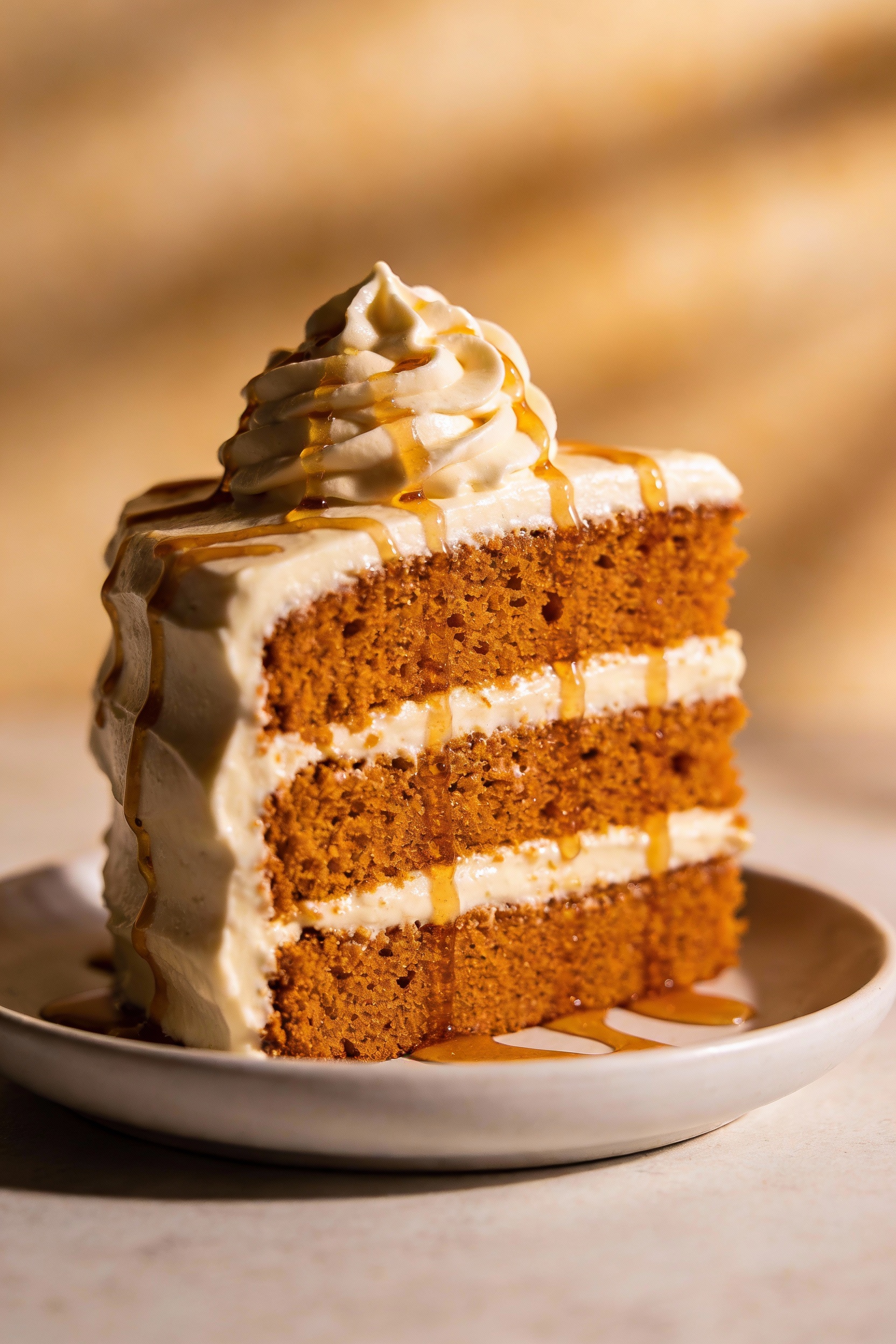 Close-up of a layered pumpkin cake slice on a small white plate, plush orange-brown crumb with even rise, creamy tangy c