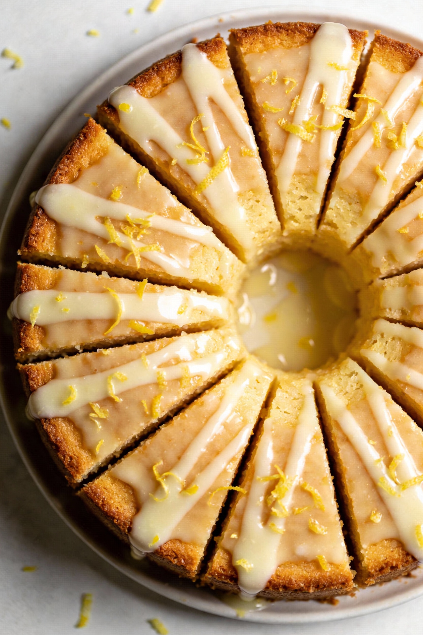 Overhead shot of the Lemon Glow variant: 9-inch round cake cut into neat wedges, lemon glaze drizzled in ribbons with fr