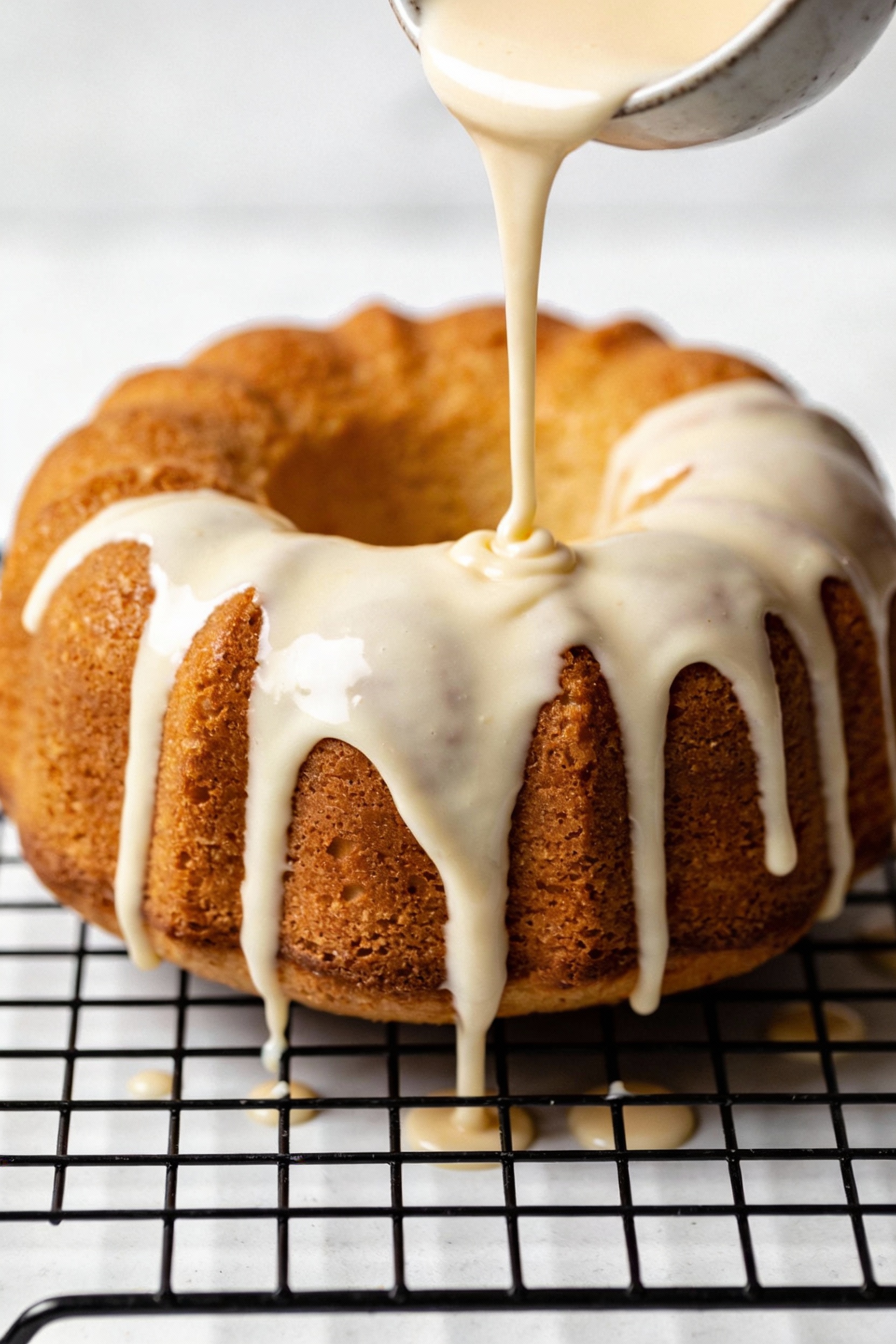 Cooking process: freshly baked Bundt bakery‑style cake on a wire rack being drizzled with thick vanilla glaze, smooth go