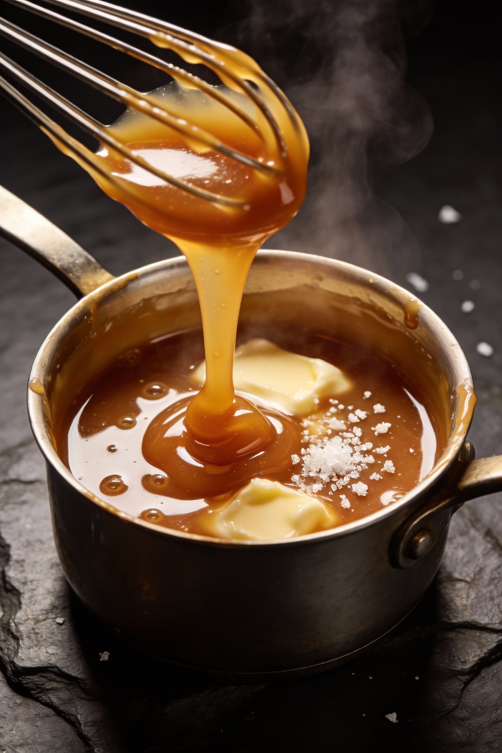 Cooking process: salted caramel filling bubbling to amber in a small saucepan, thick glossy caramel being whisked smooth