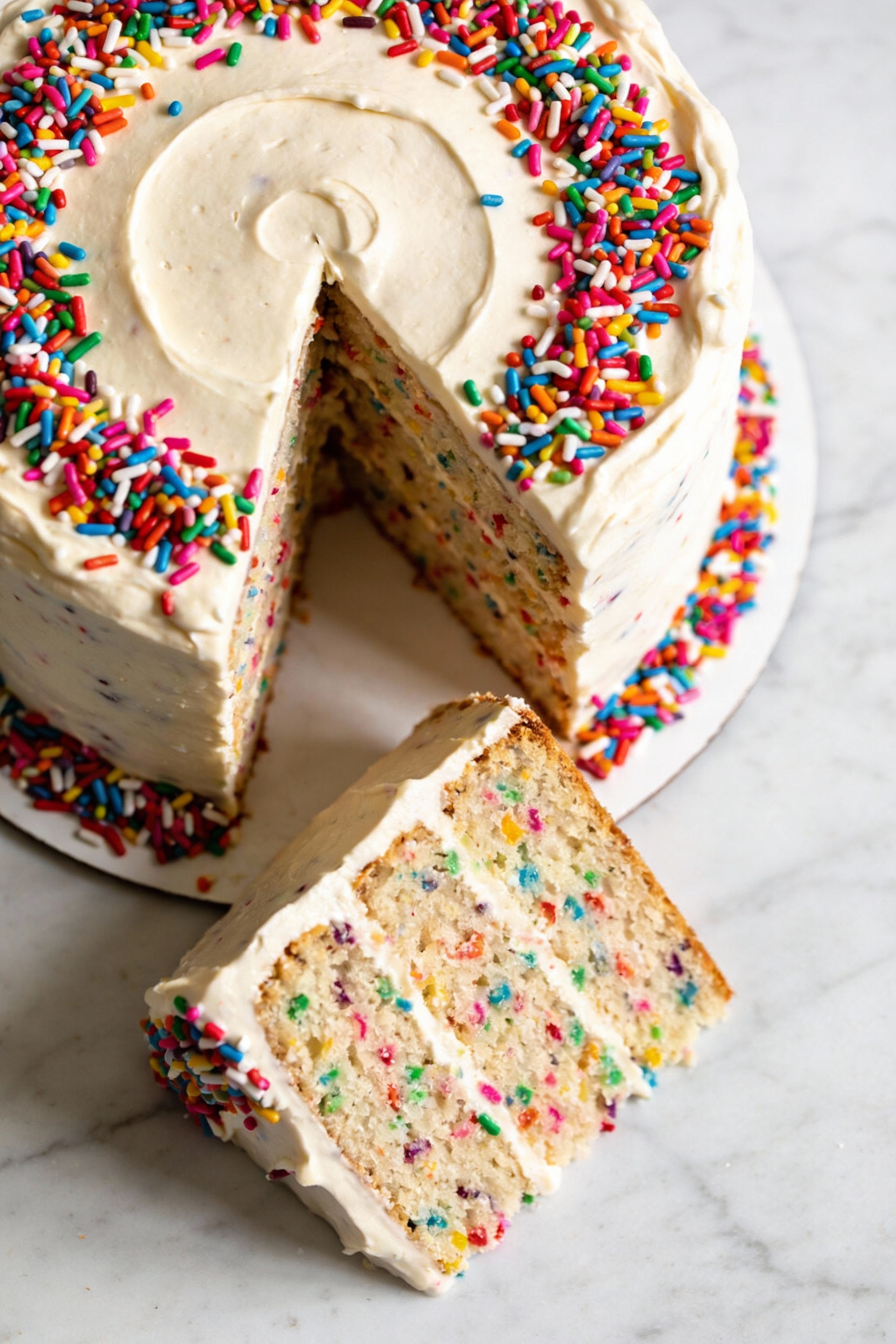 Overhead shot of a funfetti gluten-free cake fully frosted with vanilla buttercream, top covered in gluten-free rainbow 