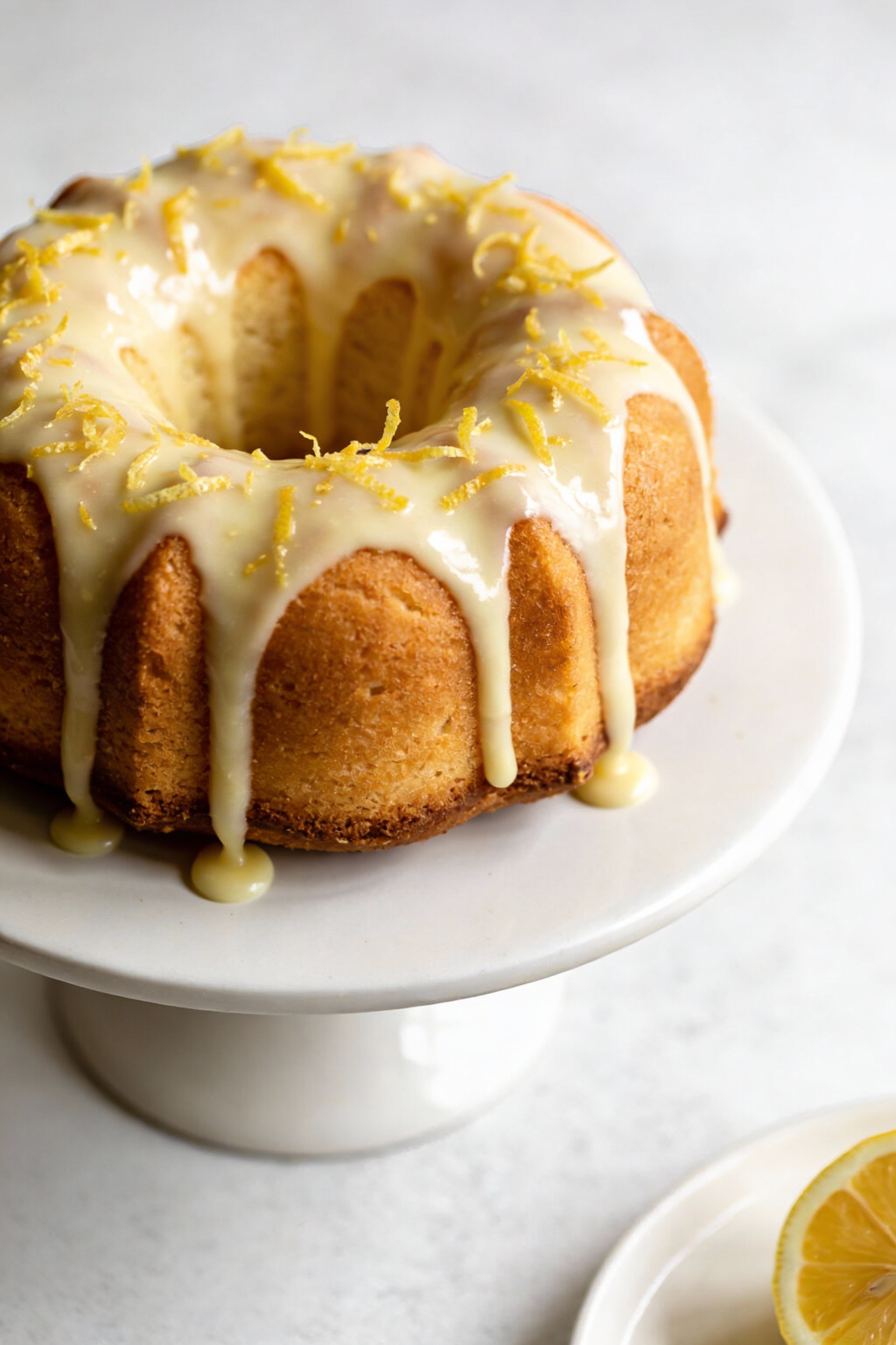 Tasty top view of a finished lemon velvet Bundt cake with a thick-but-pourable lemon glaze dripping slowly down the curv