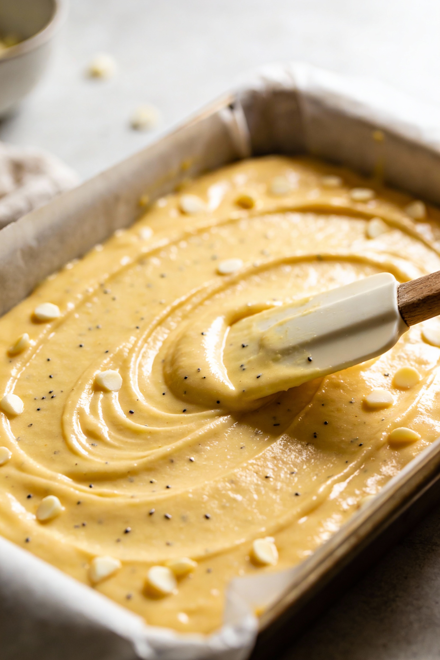 Cooking process: lemon cake batter spread evenly in a parchment-lined 9x13 pan, spatula smoothing the surface with subtl