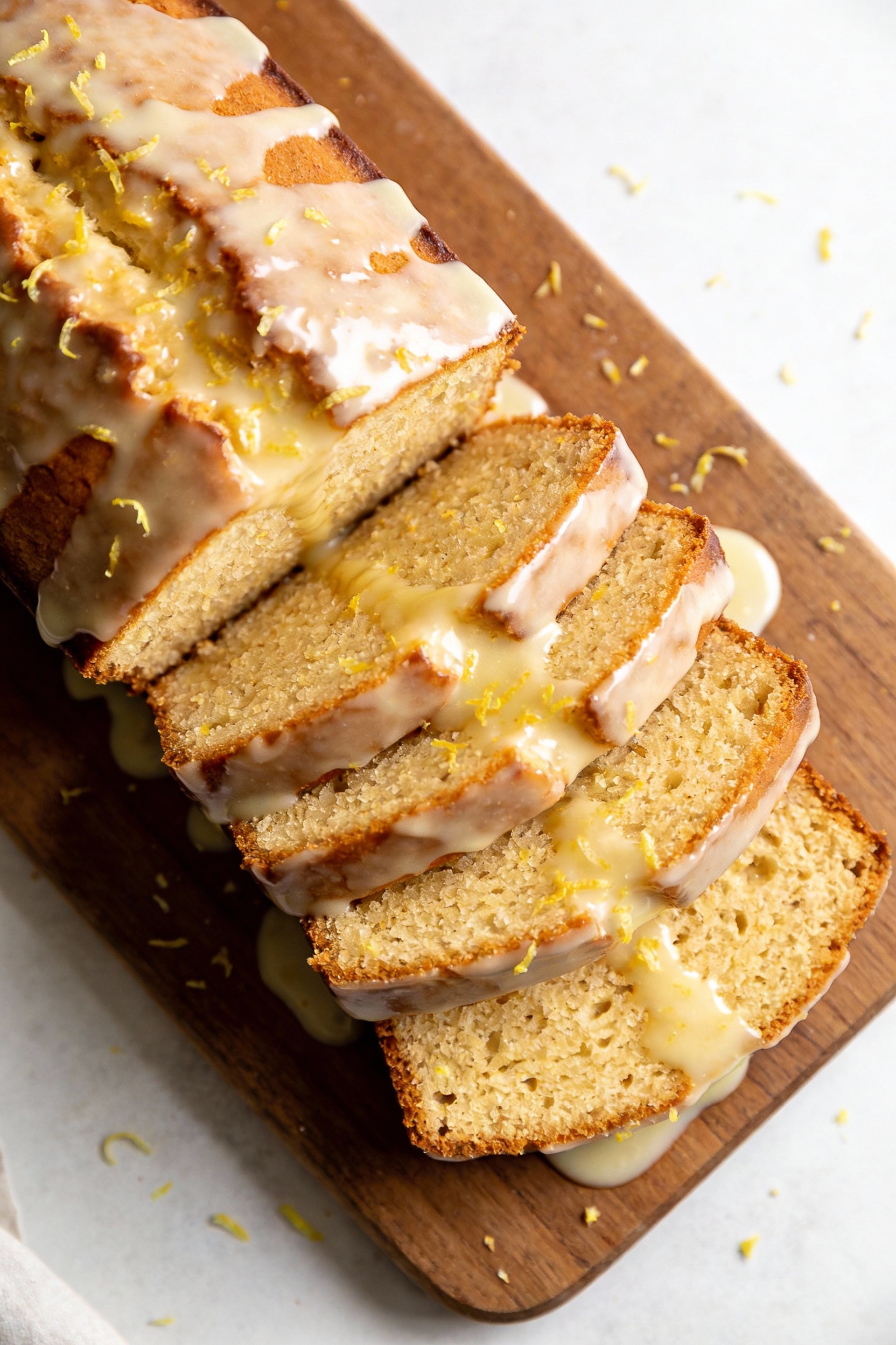 Overhead top-down shot of the finished pound cake loaf on a wooden board with several even slices fanned out, glossy lem