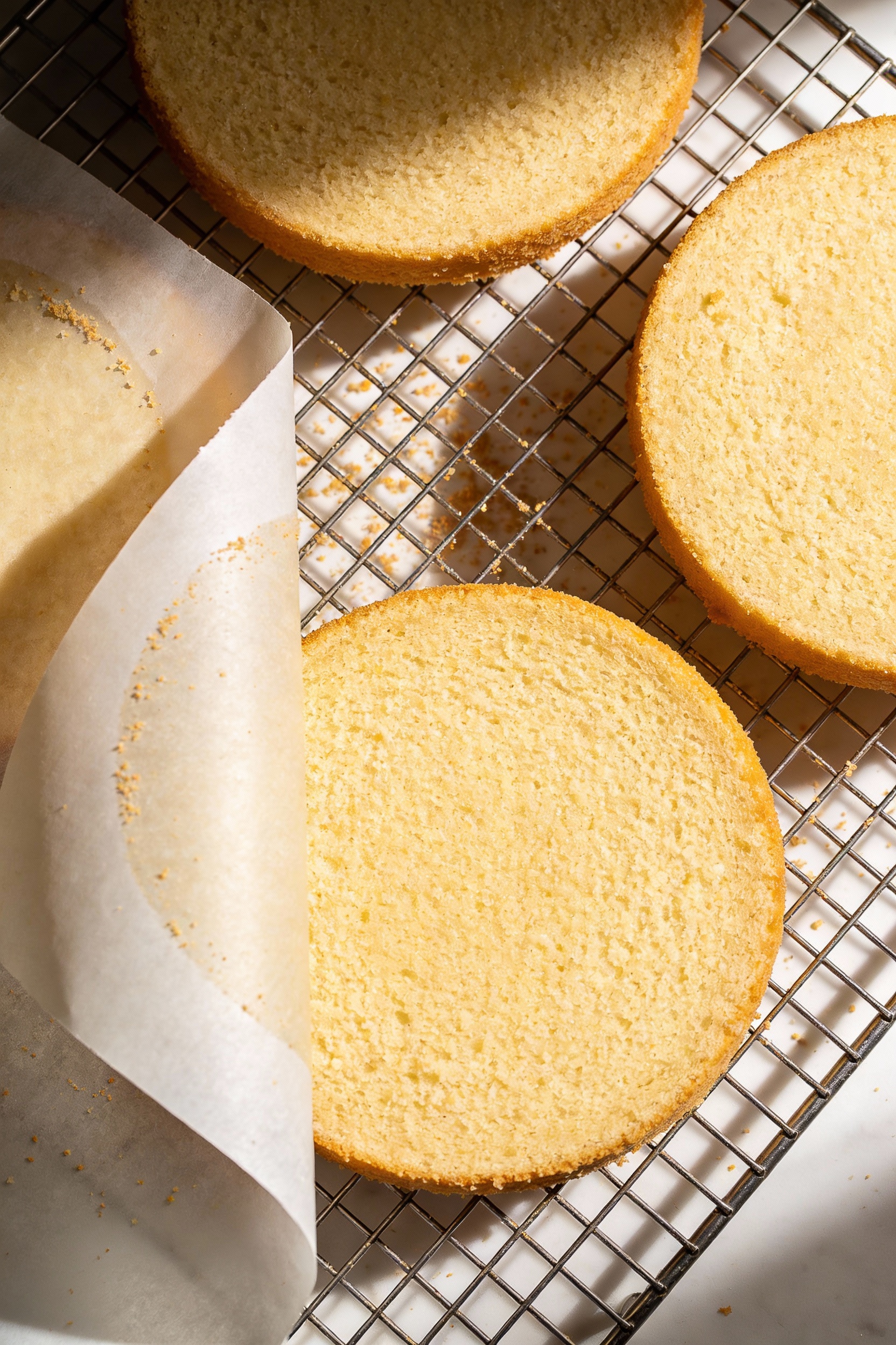 Cooking process: baked vanilla cake layers cooling on a wire rack, parchment rounds peeled back to reveal golden, flat t