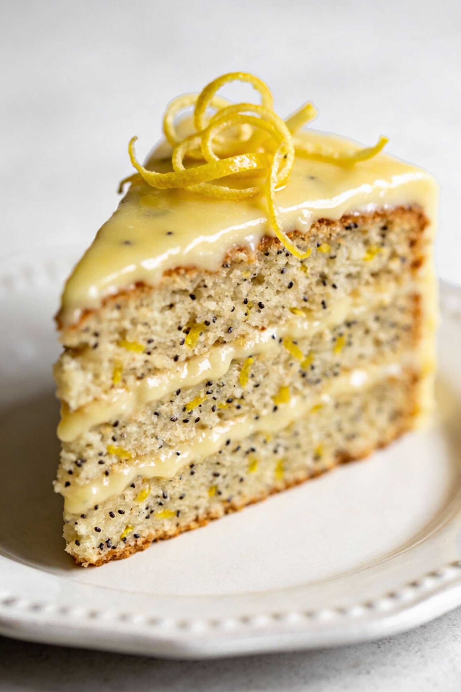 3. Close-up of vegan lemon poppy seed layer cake slice showing lemon zest flecks and poppy seeds throughout the crumb, f