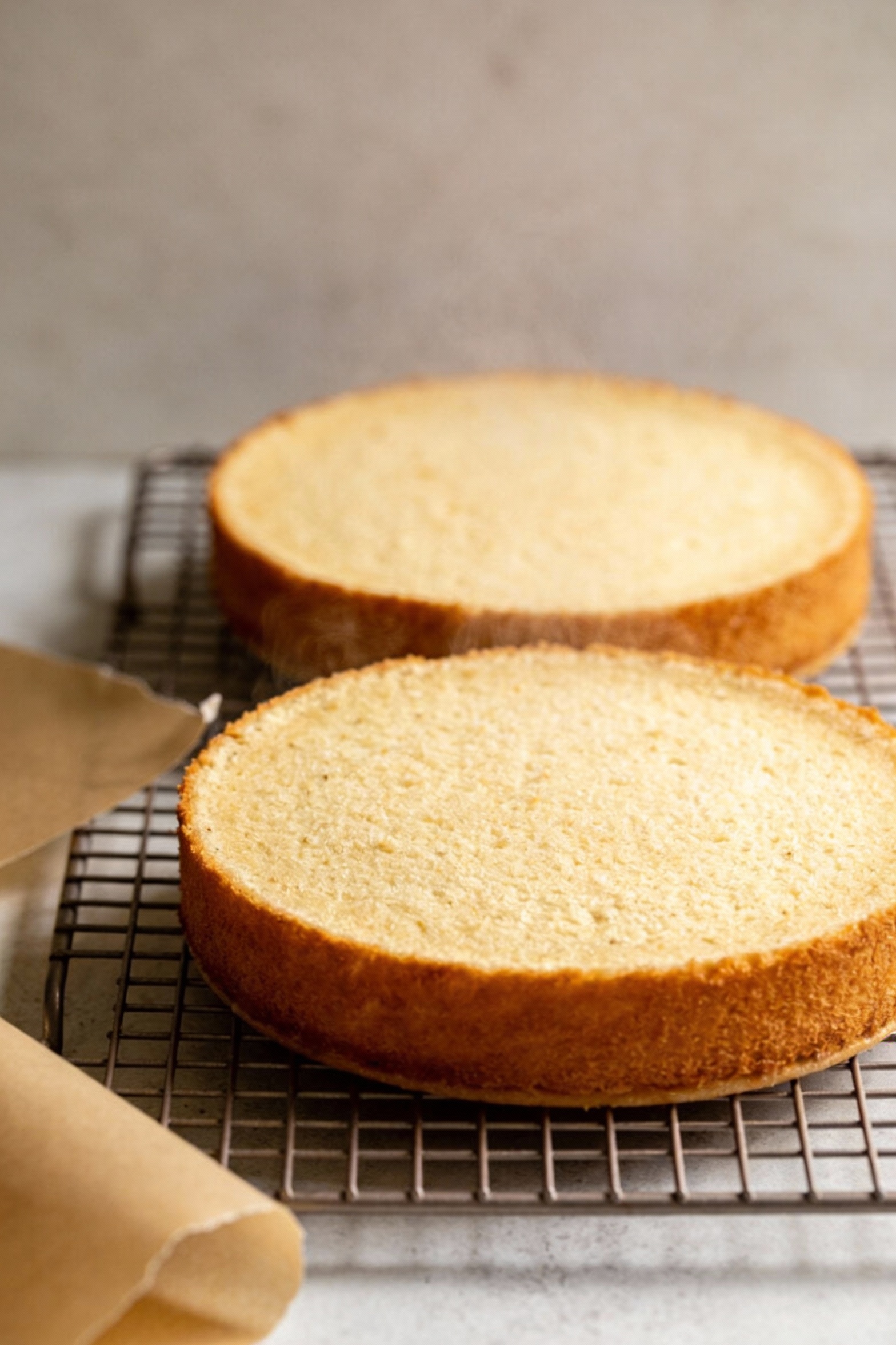 Cake cooling process on a wire rack: two 8-inch round layers turned out and fully baked, golden edges, subtle steam haze